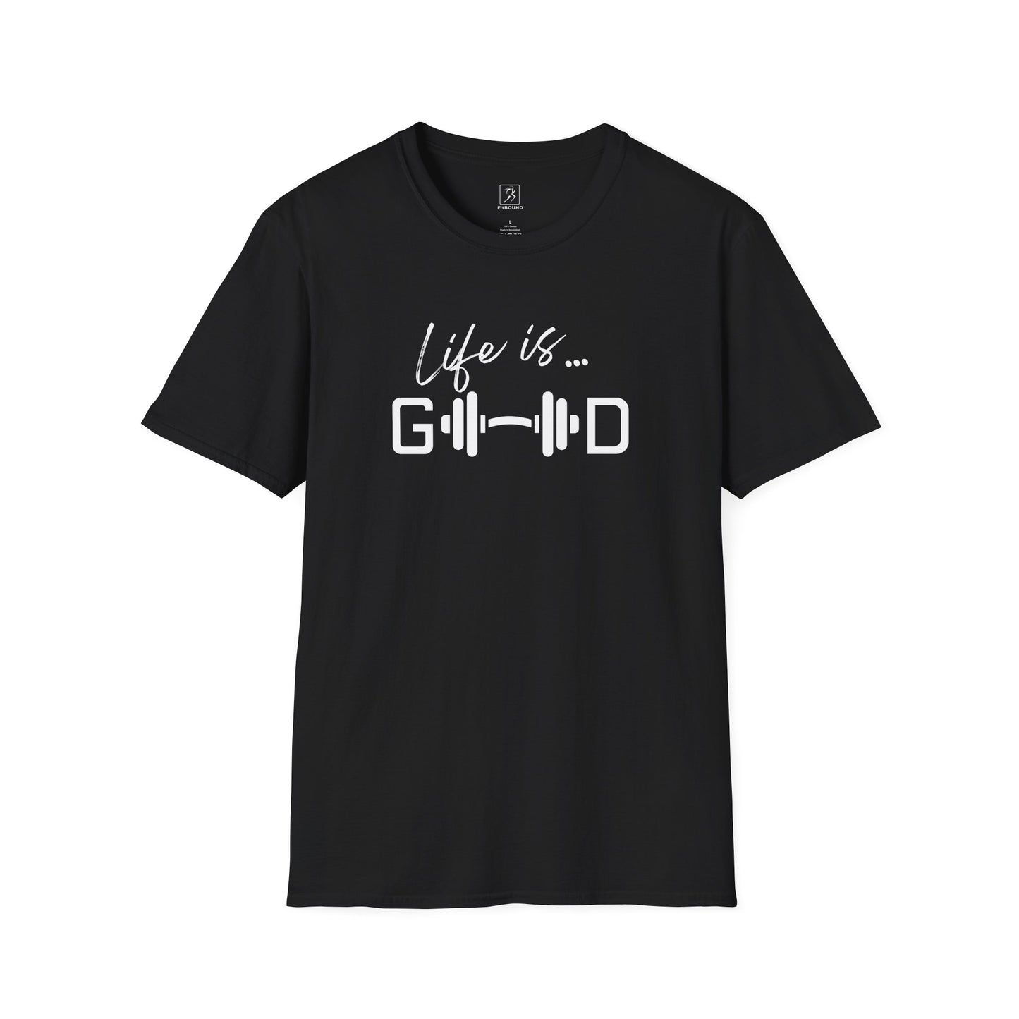 Black fitness t-shirt with barbell design and slogan “Life is Good.”