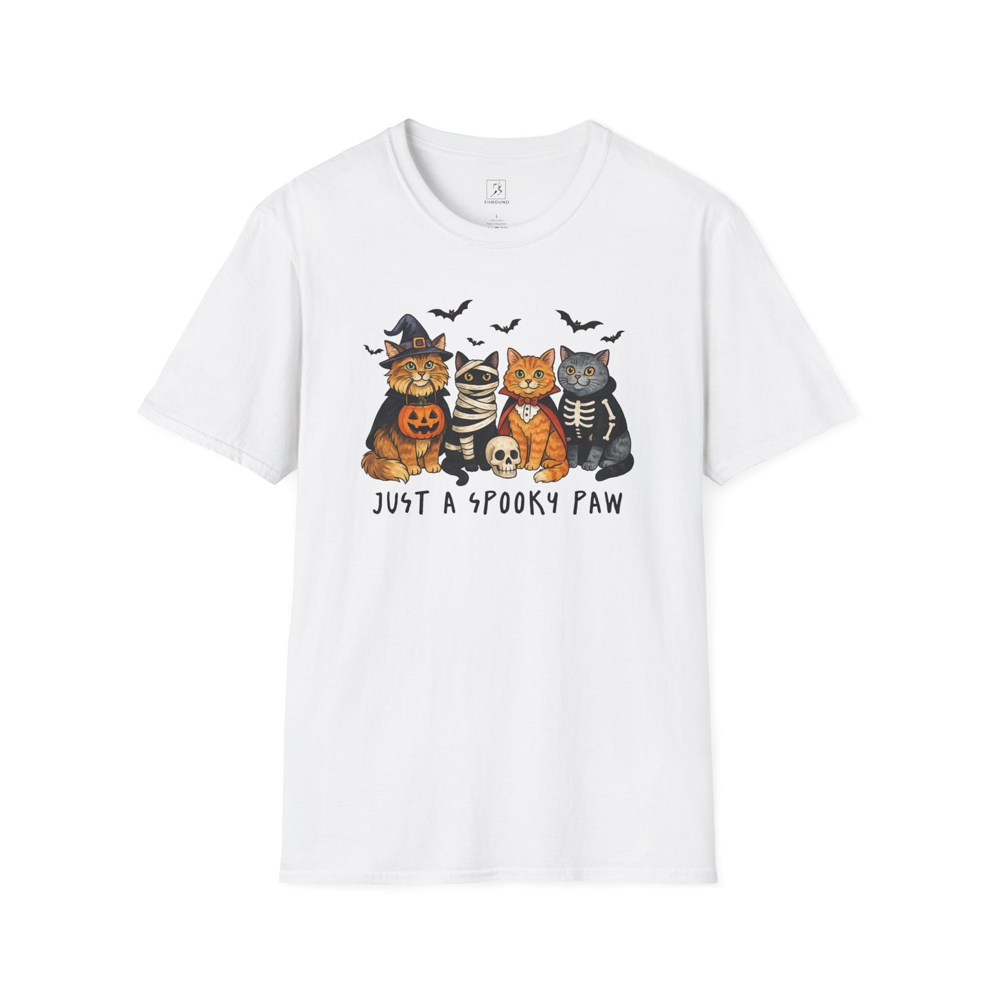 White unisex Halloween cat t-shirt with spooky paw design