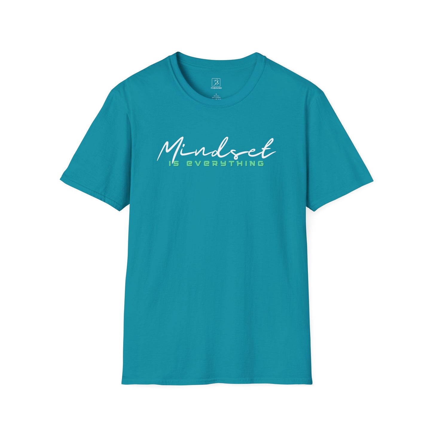 Flat lay tropical blue Mindset Is Everything T-Shirt – unisex fitness apparel.