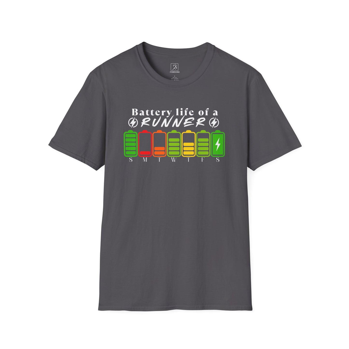 Dark grey unisex shirt with funny battery life print for runners and athletes