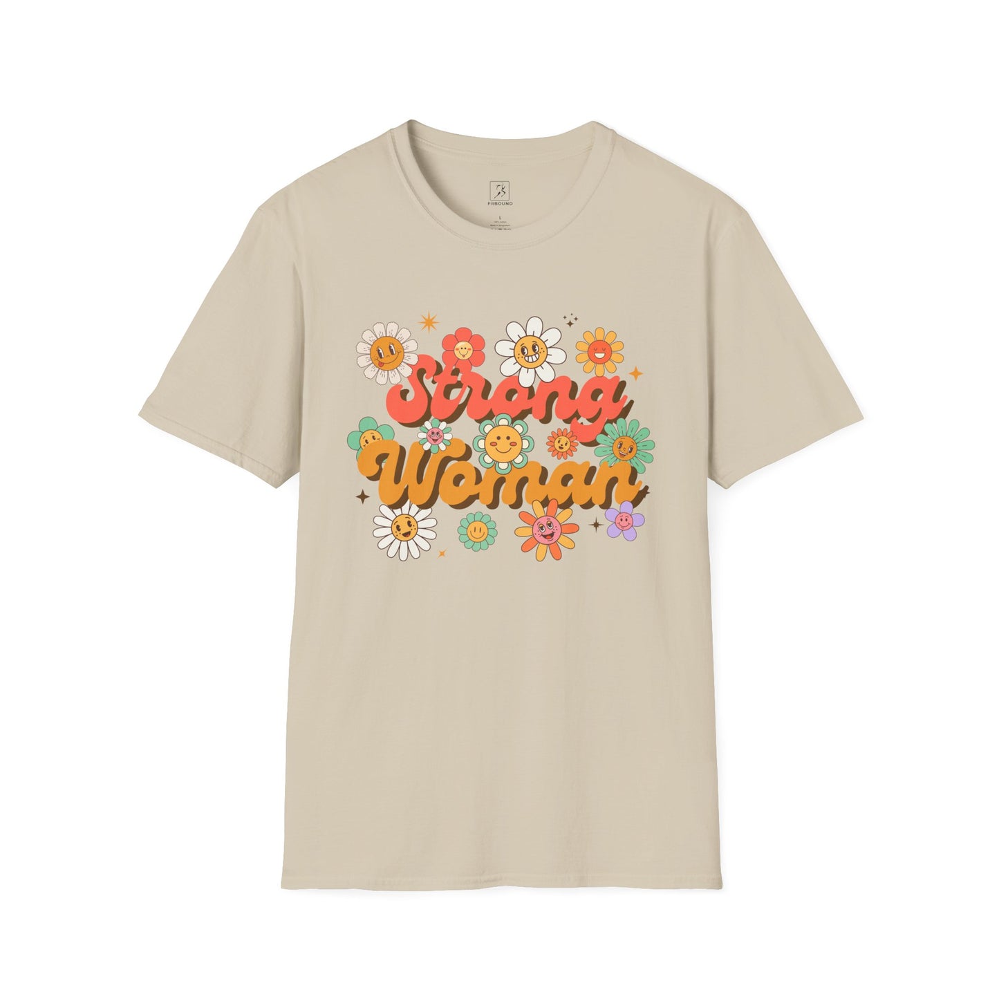 Beige Strong Woman T-shirt – retro floral women’s empowerment shirt
