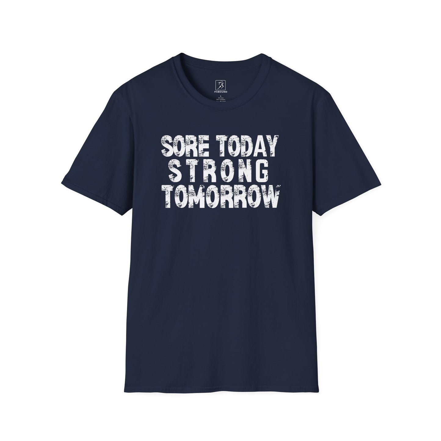 Navy blue fitness t-shirt with strong motivational quote – unisex activewear for athletes