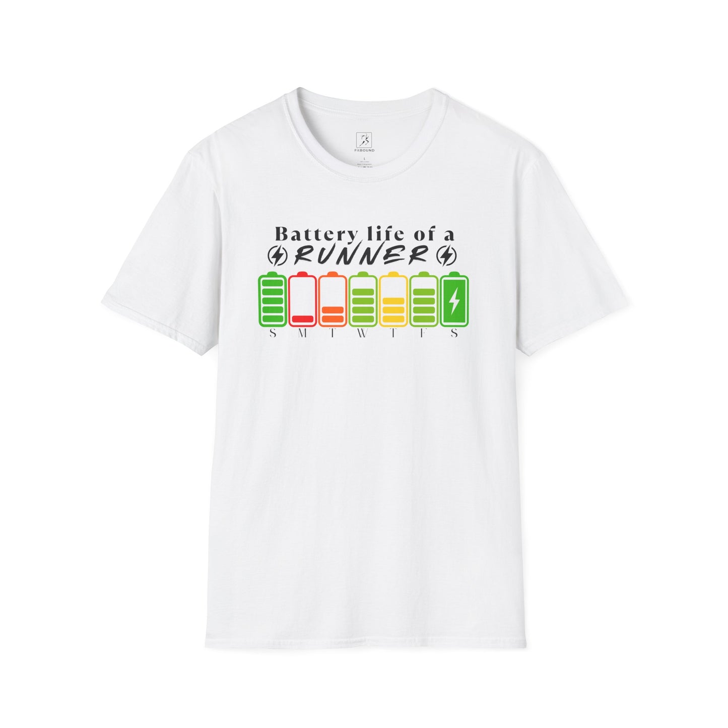 Unisex white t-shirt with runner battery life design – perfect gift for fitness lovers