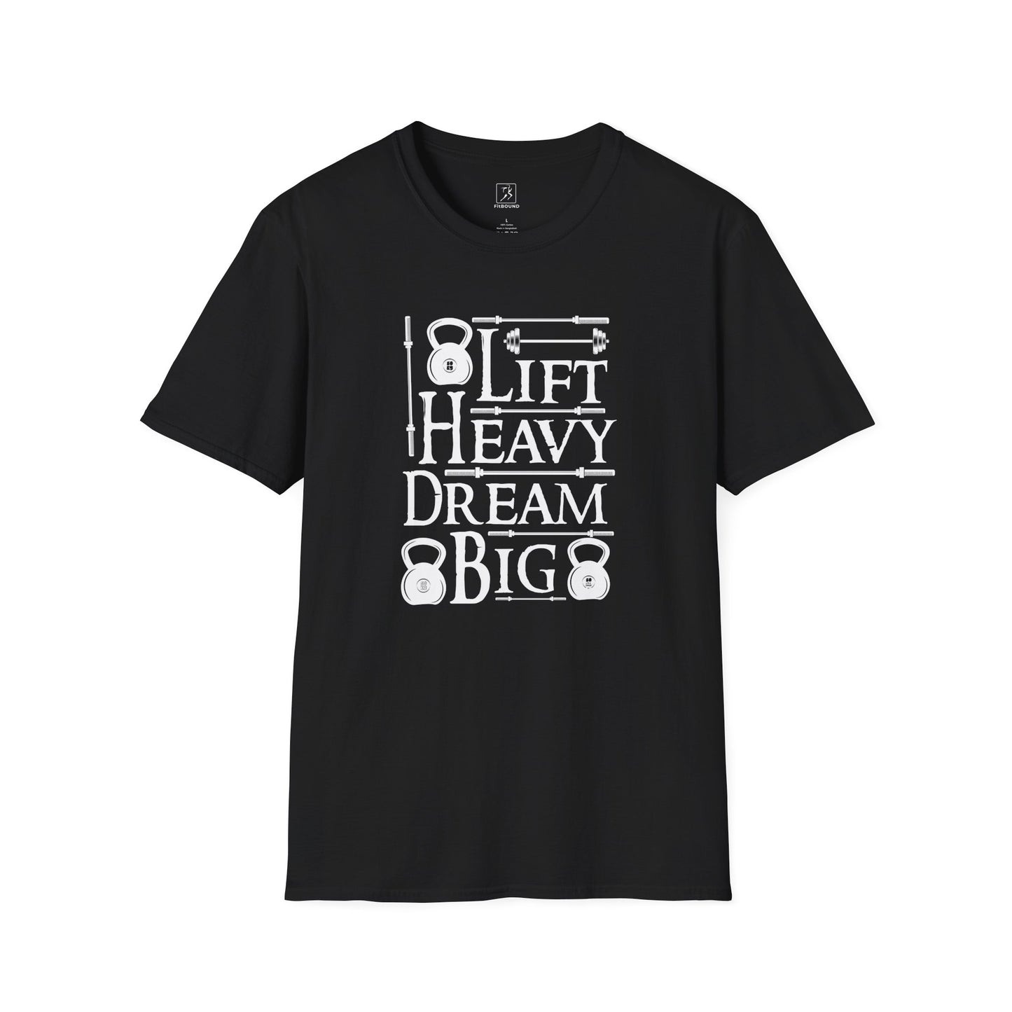 Flat lay black Lift Heavy Dream Big workout t-shirt.
