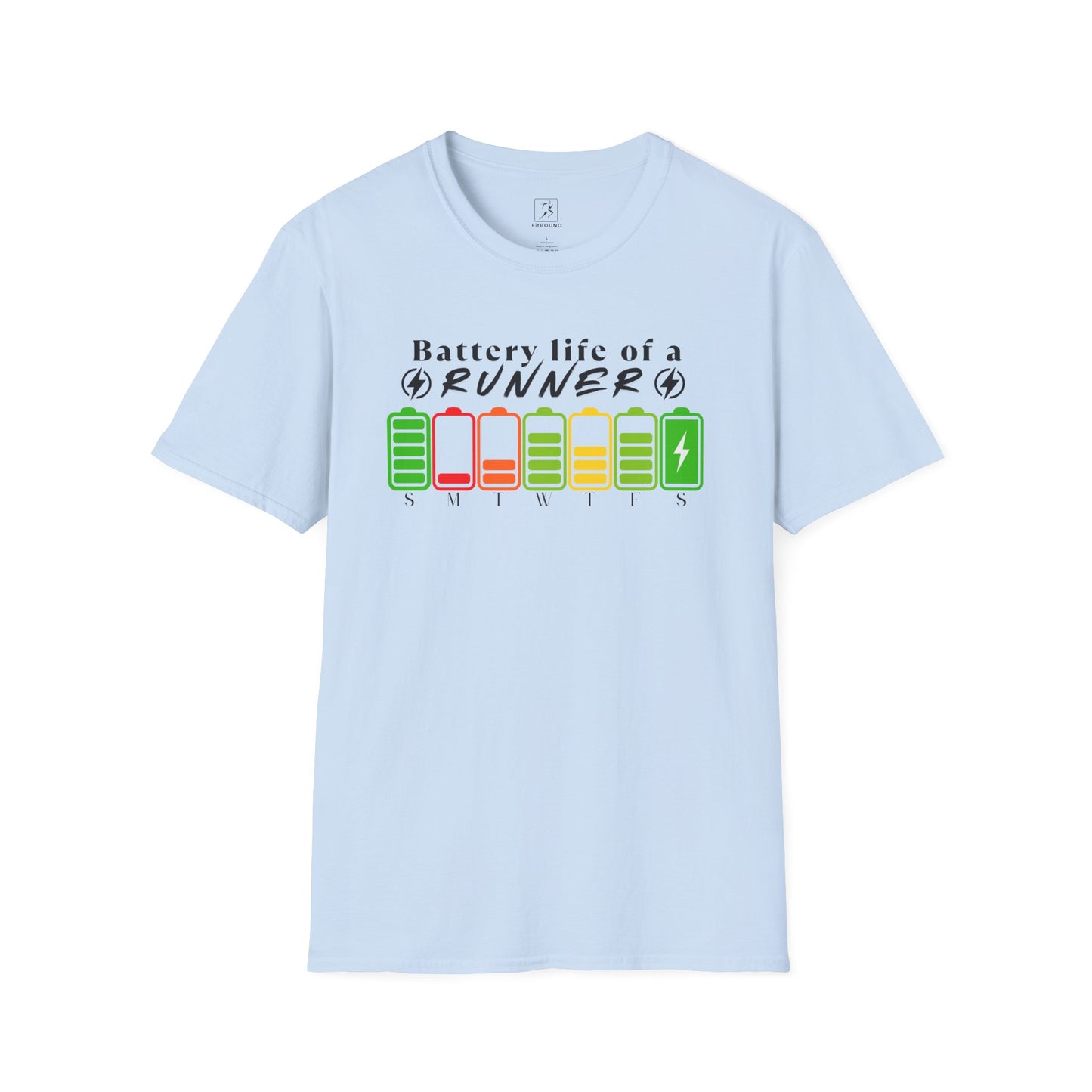 Light blue fitness tee for runners – battery charge design from Sunday to Saturday