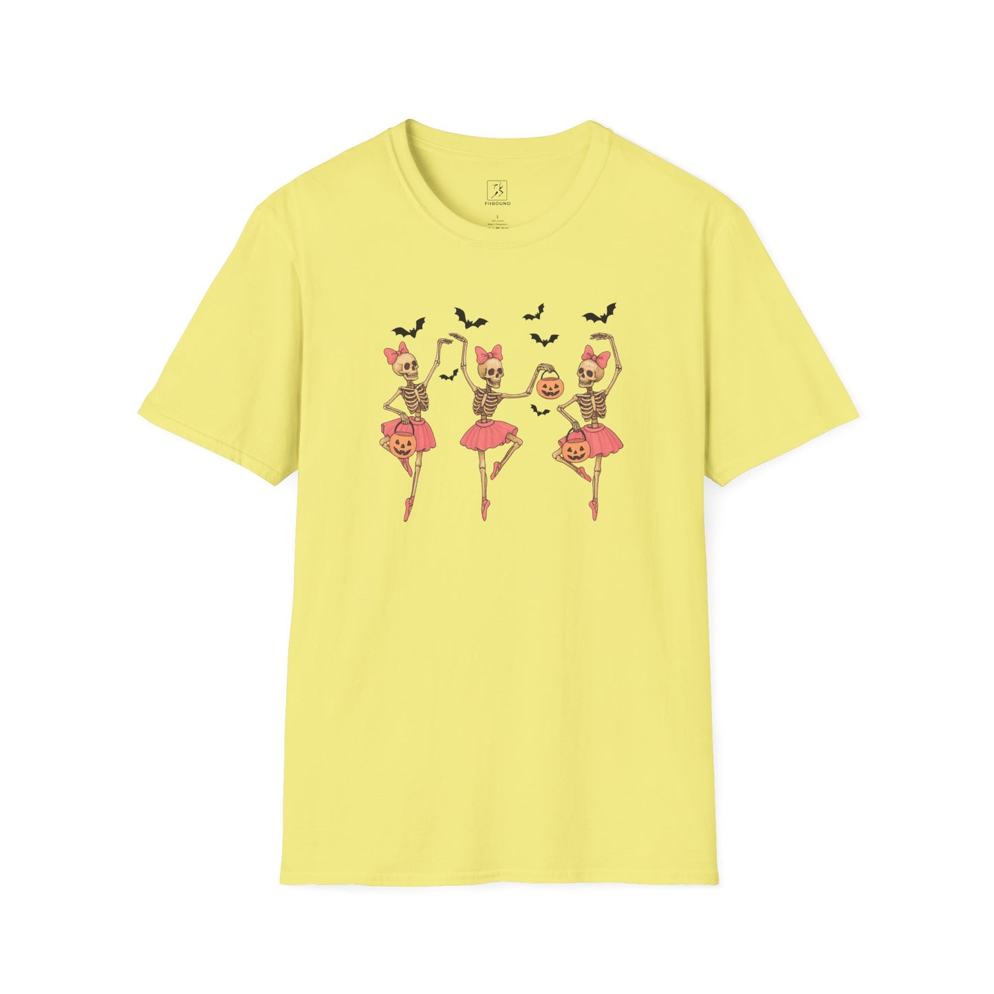Yellow Skeleton Ballerina Halloween T Shirt with pumpkins and bats