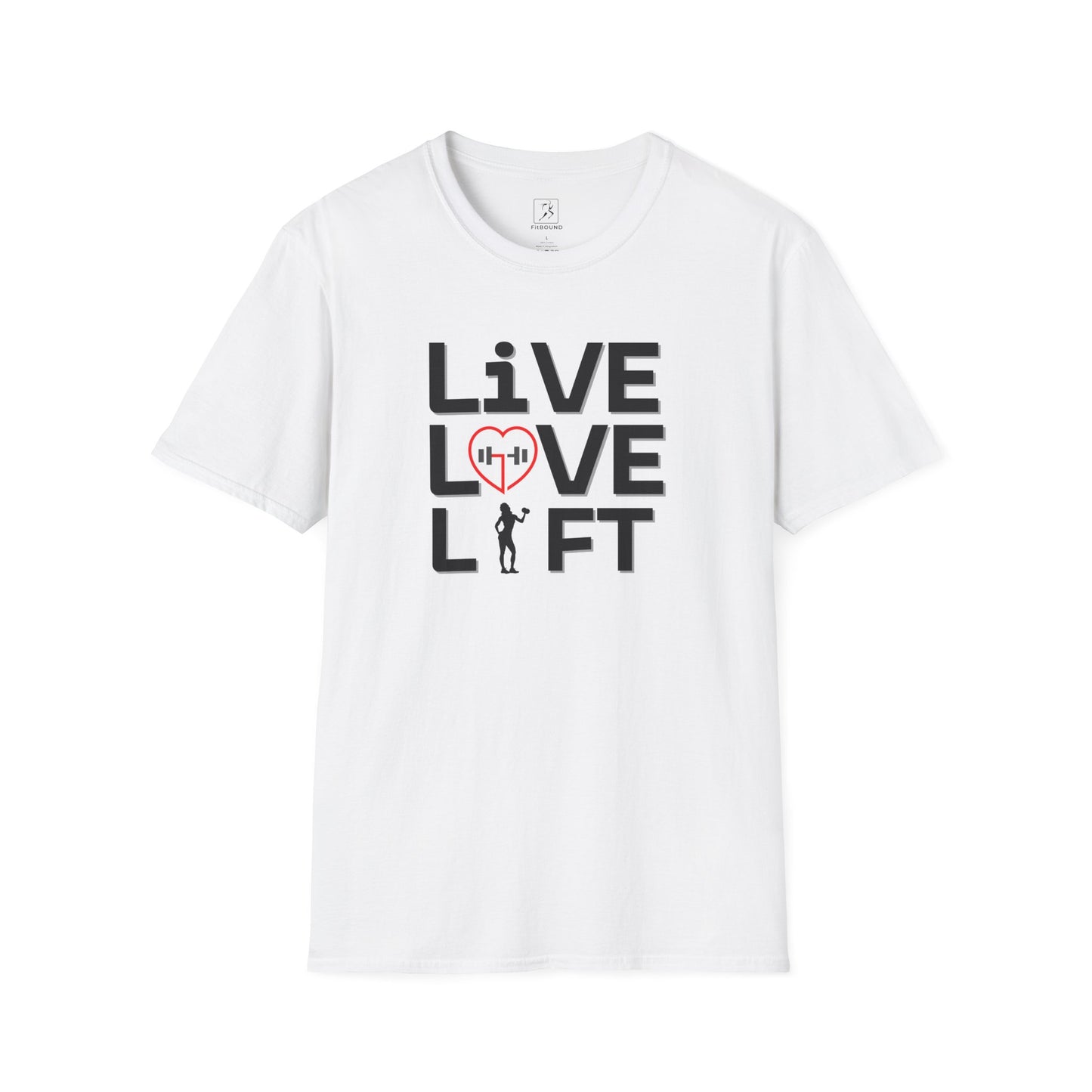 White workout shirt with bold "Live Love Lift" design – unisex cotton blend tee for gym lovers