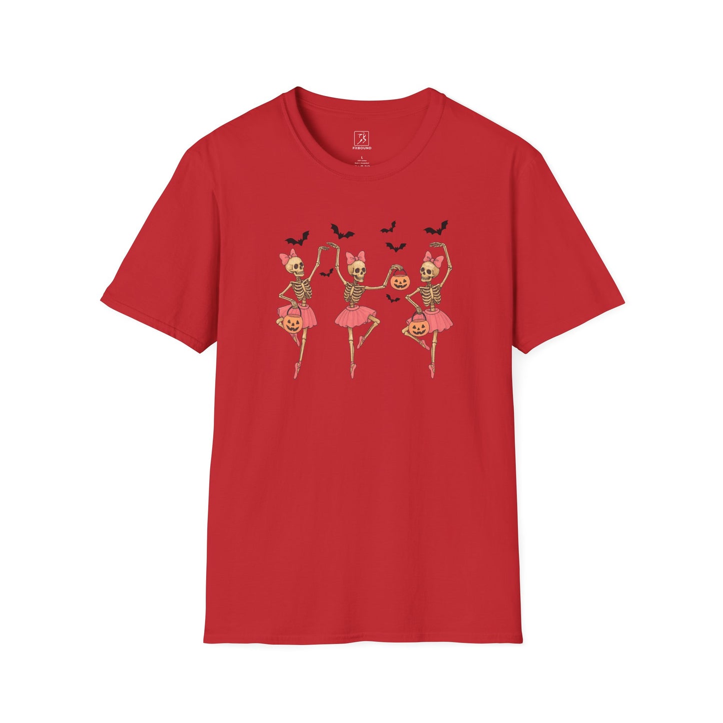 Red Halloween Skeleton Ballerina T Shirt with spooky ballerina skeletons