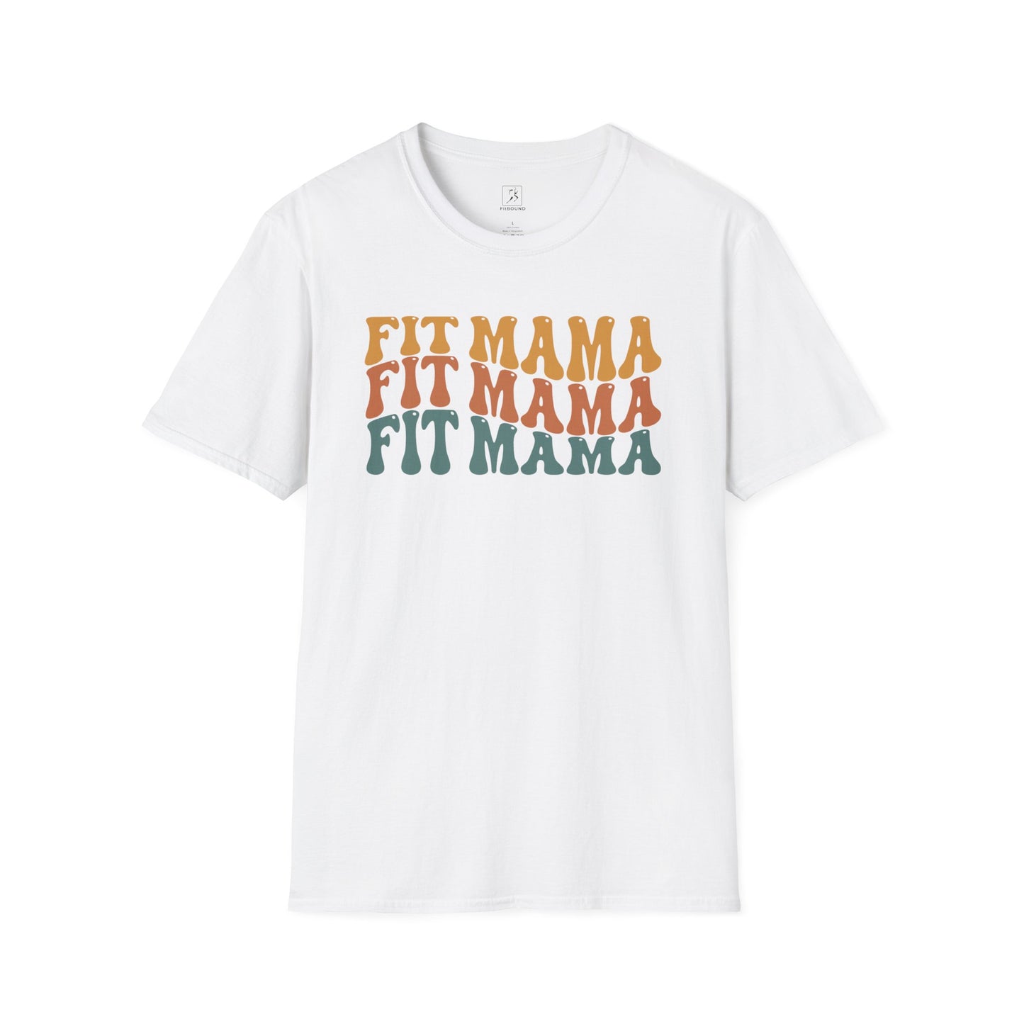 Flat lay of white Fit Mama t-shirt with retro text – workout and lifestyle wear.