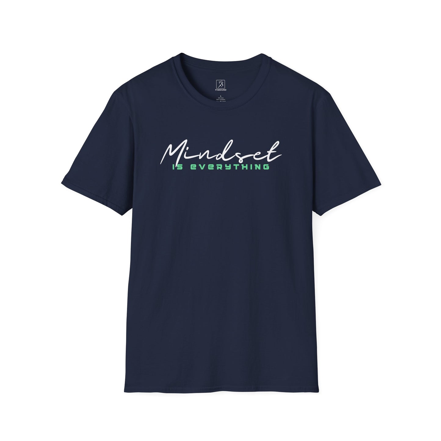 Flat lay navy Mindset Is Everything T-Shirt – unisex fitness top.