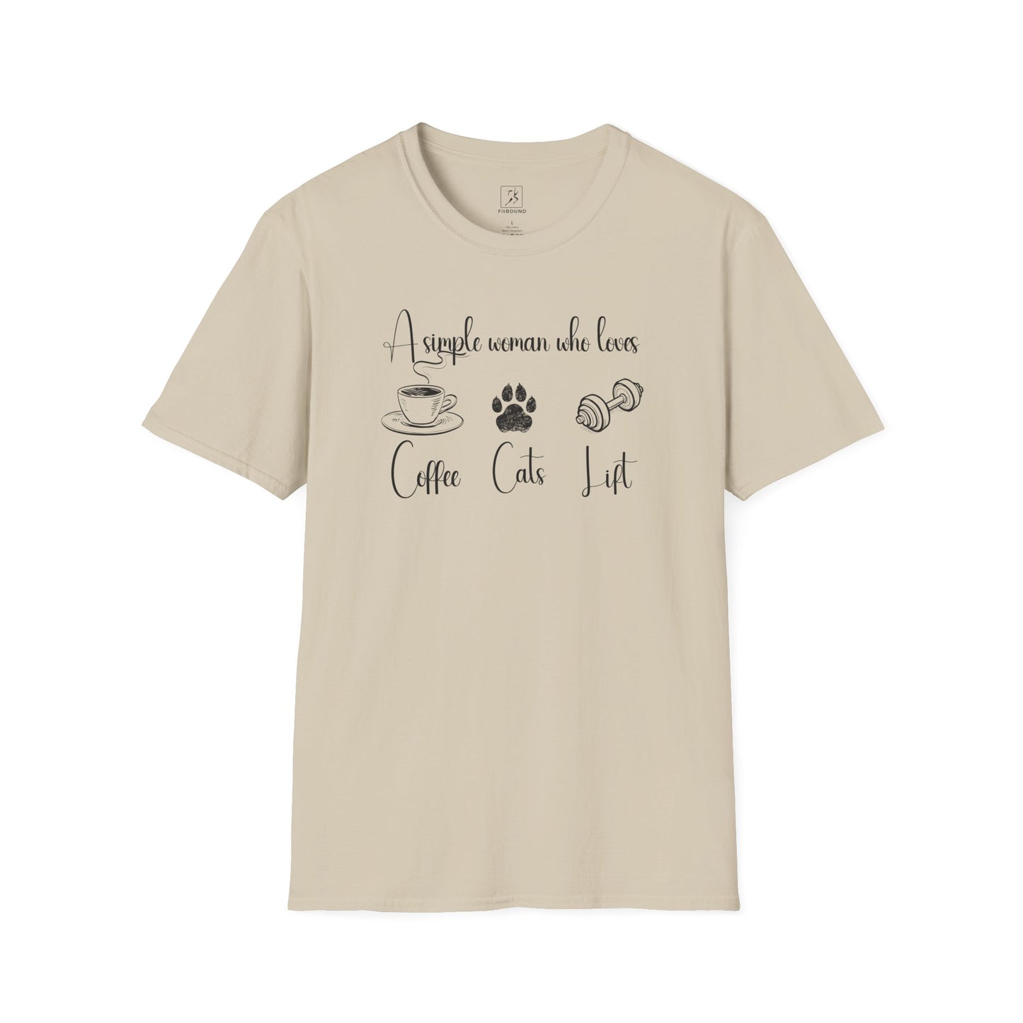 Beige T-shirt featuring the phrase “A simple woman who loves coffee, cats, lift” – FitBOUND fitness apparel for pet moms