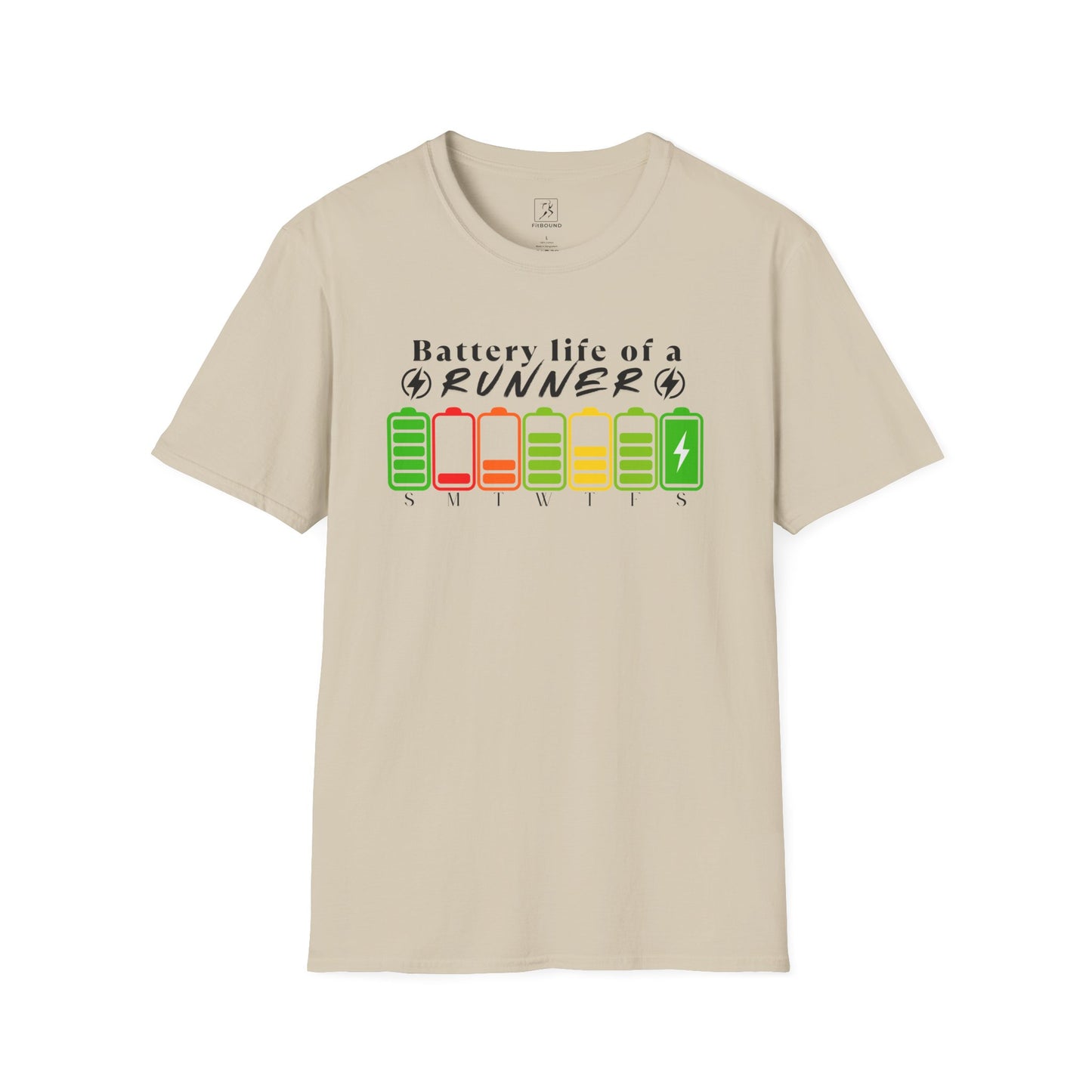 Fitness t-shirt for runners with colorful battery levels – shown on sand-colored shirt