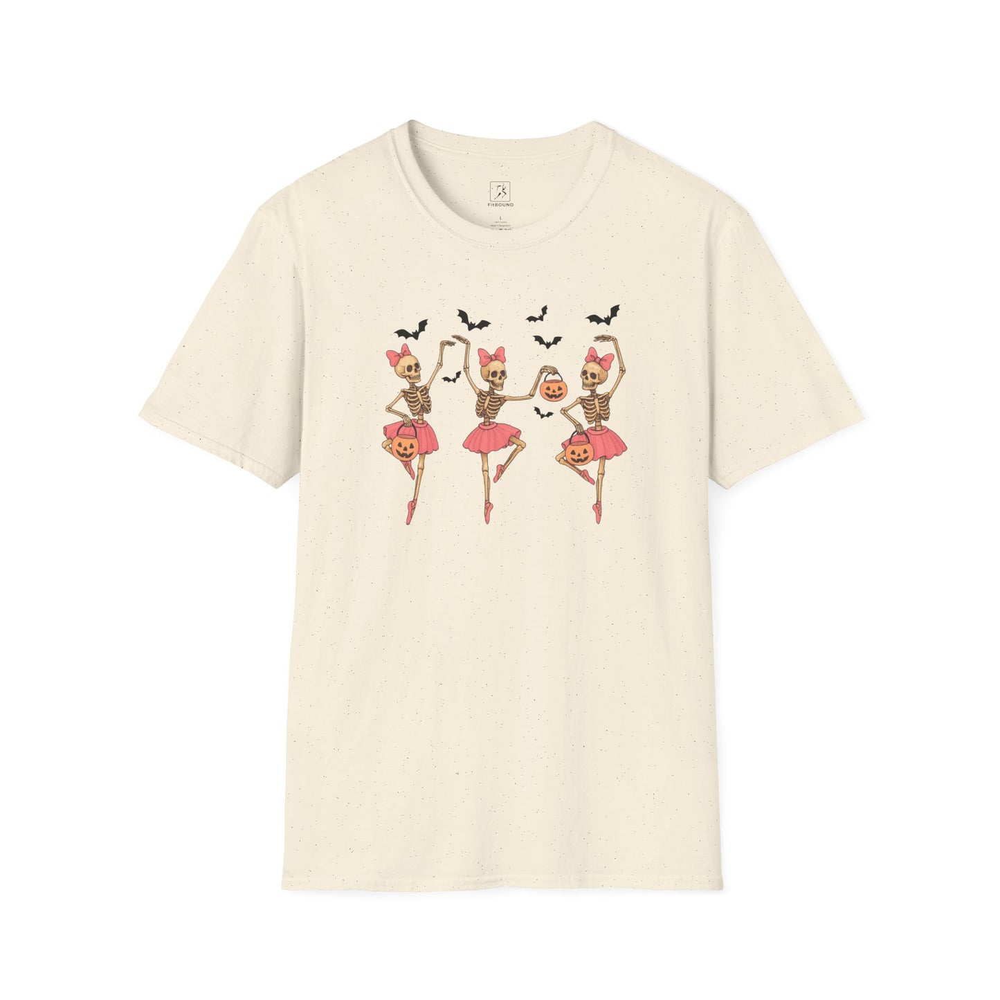 Cream Halloween Skeleton Ballerina T Shirt with ballerina skeletons and bats