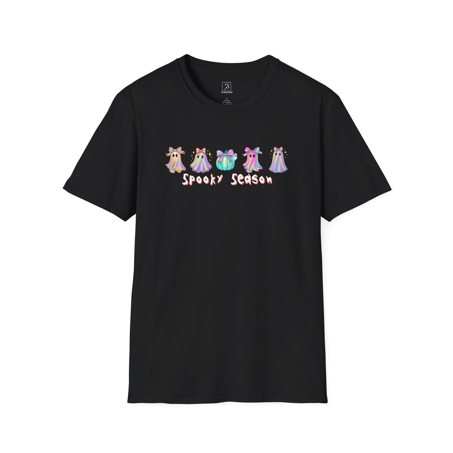 Spooky Season Halloween T-Shirt in black — ghost graphic, unisex tee front view.