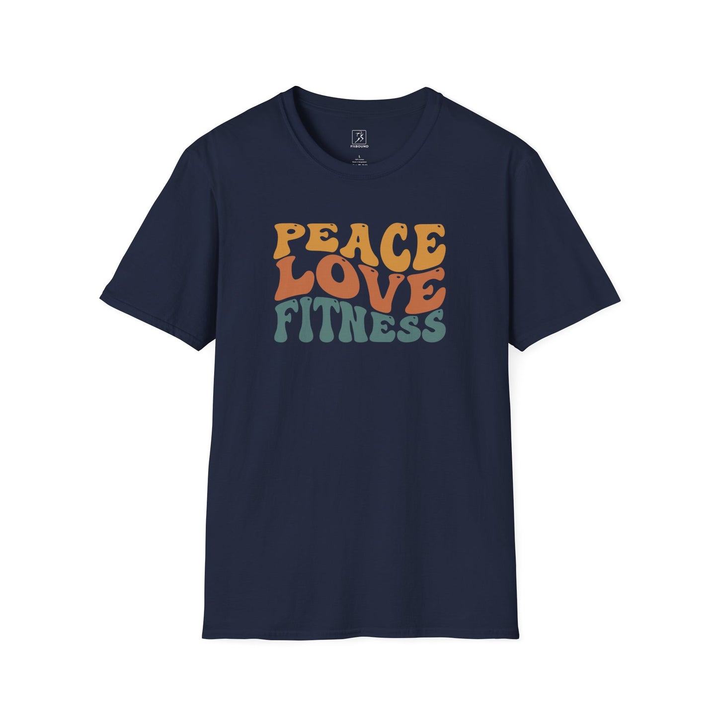 Navy Peace Love Fitness T-Shirt – unisex retro workout tee.