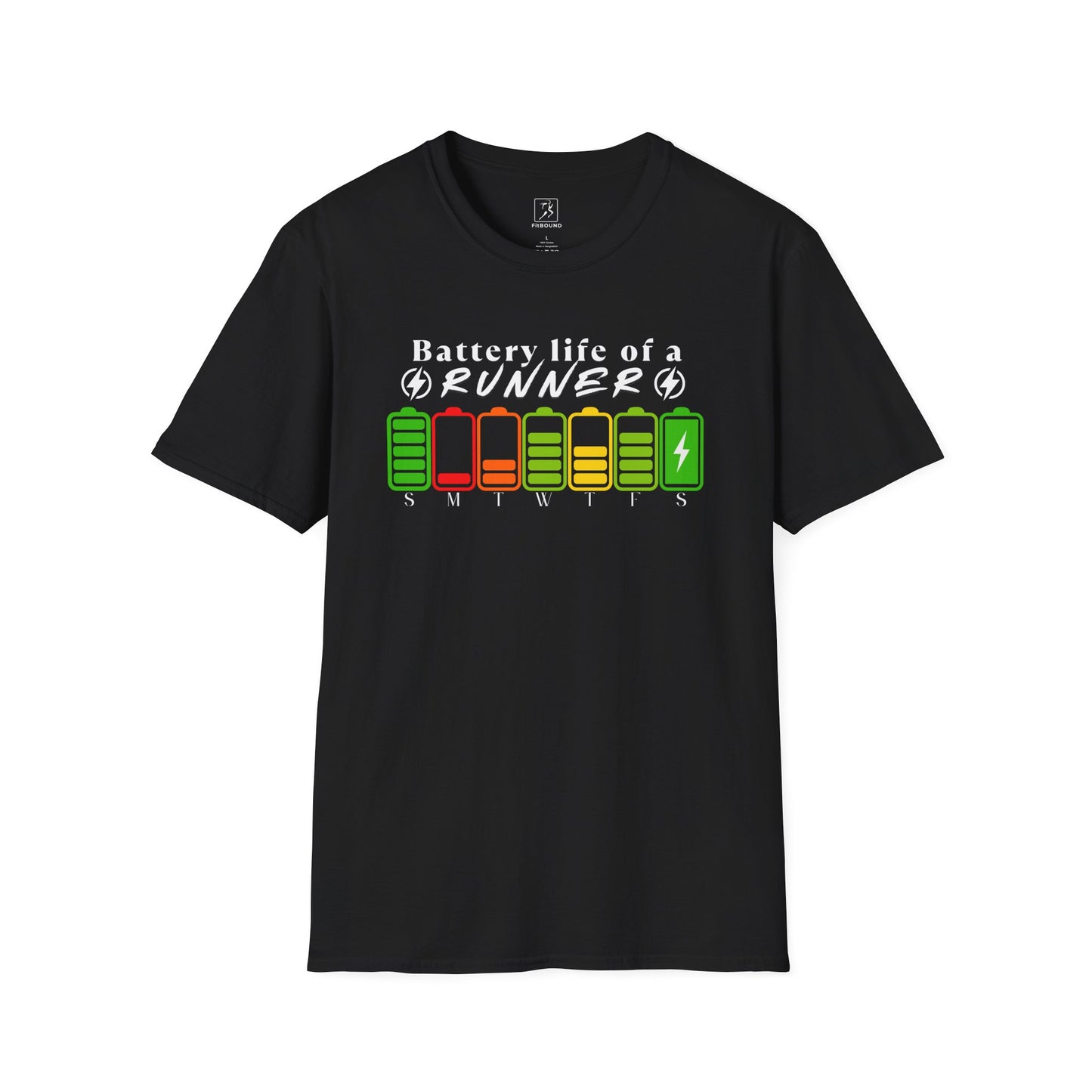 Black runner tee with battery life graphic – funny and colorful design for active lifestyles