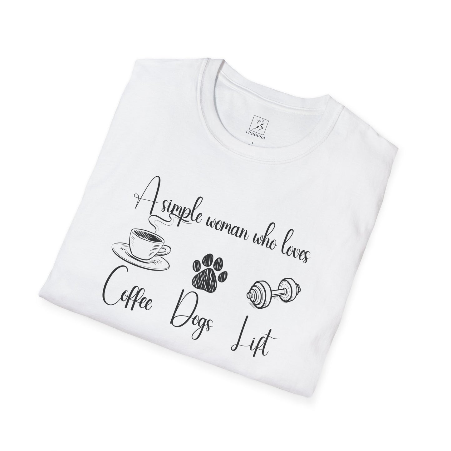 White “coffee, dogs, lift” t-shirt folded at an angle – gym gift idea for fitness women and dog owners