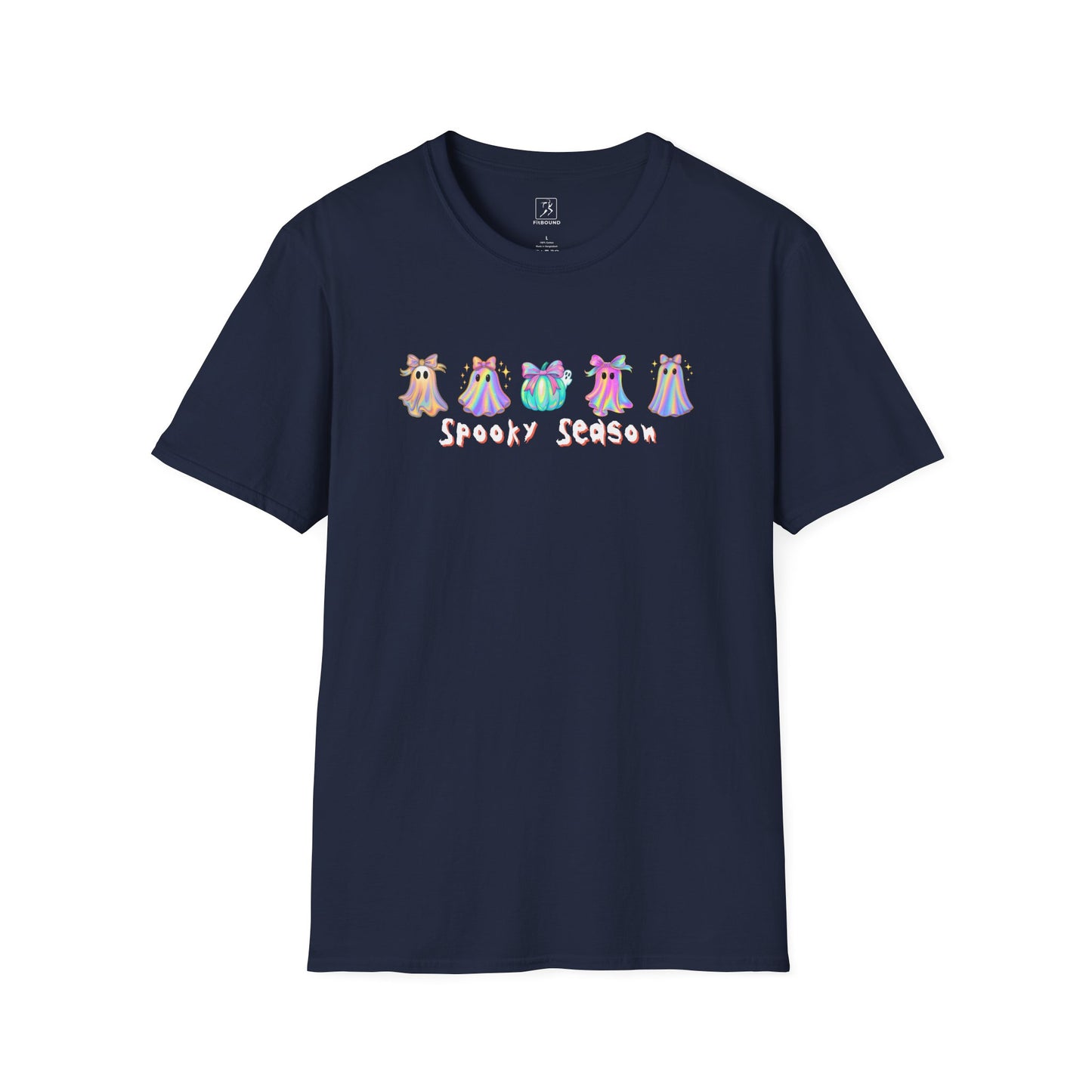 Spooky Season Halloween T-Shirt in navy — ghost graphic, unisex tee front view.