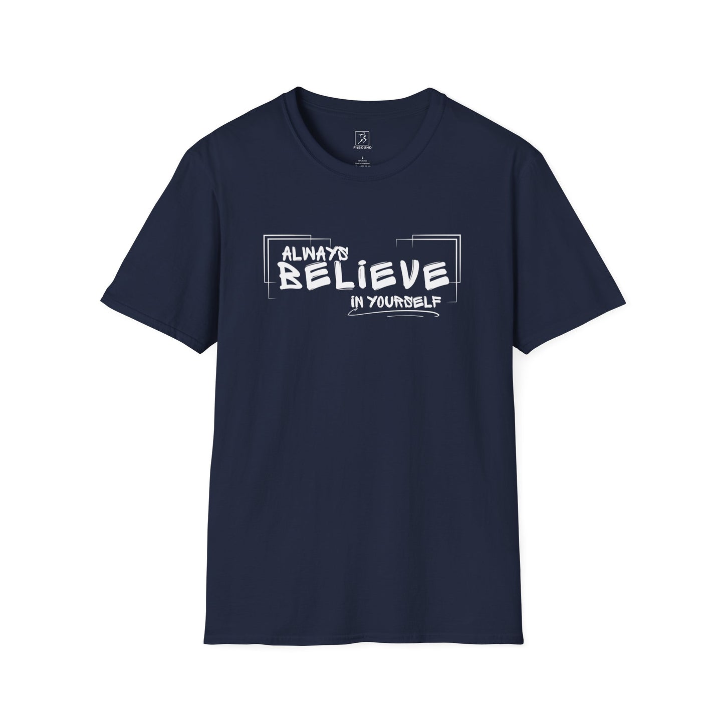 Navy “Always Believe In Yourself” T-shirt – flat lay, front view