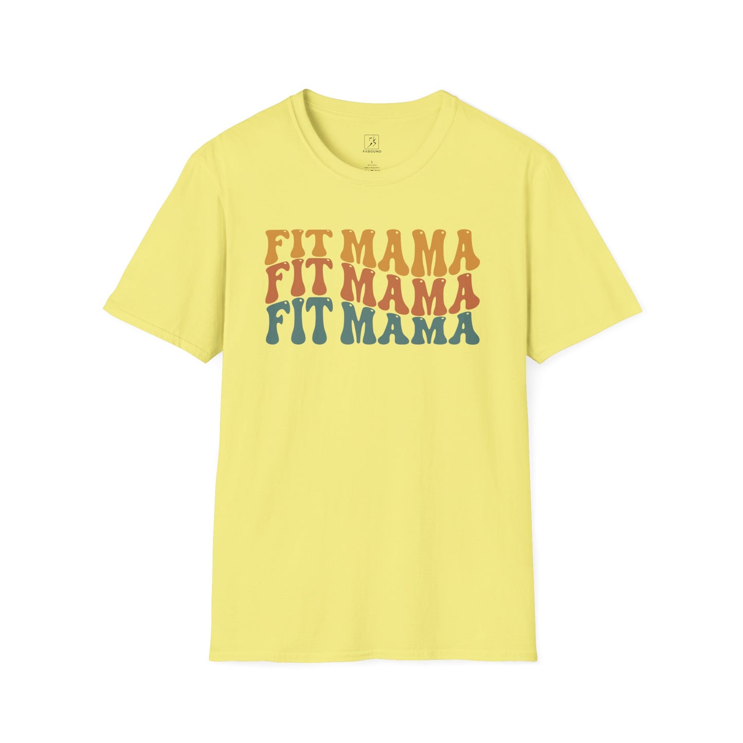 Flat lay of yellow Fit Mama retro design shirt – bright motivational mom tee.
