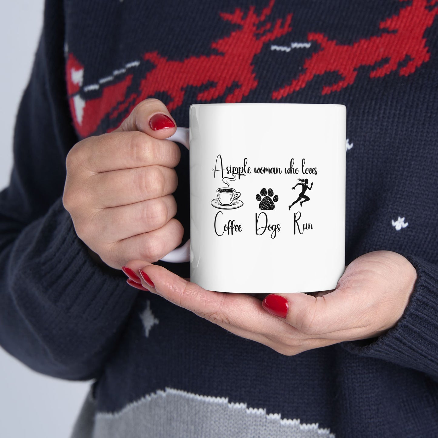 Runner gift mug with coffee dog and run print – 11oz ceramic in hand