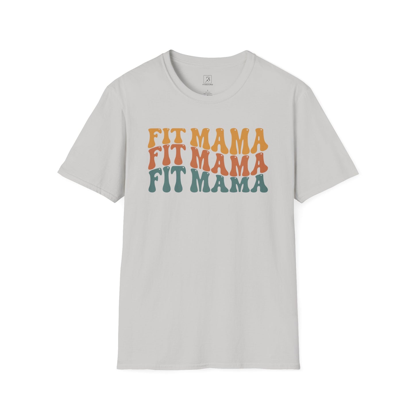 Flat lay of grey Fit Mama shirt with retro lettering – active mom gym tee.