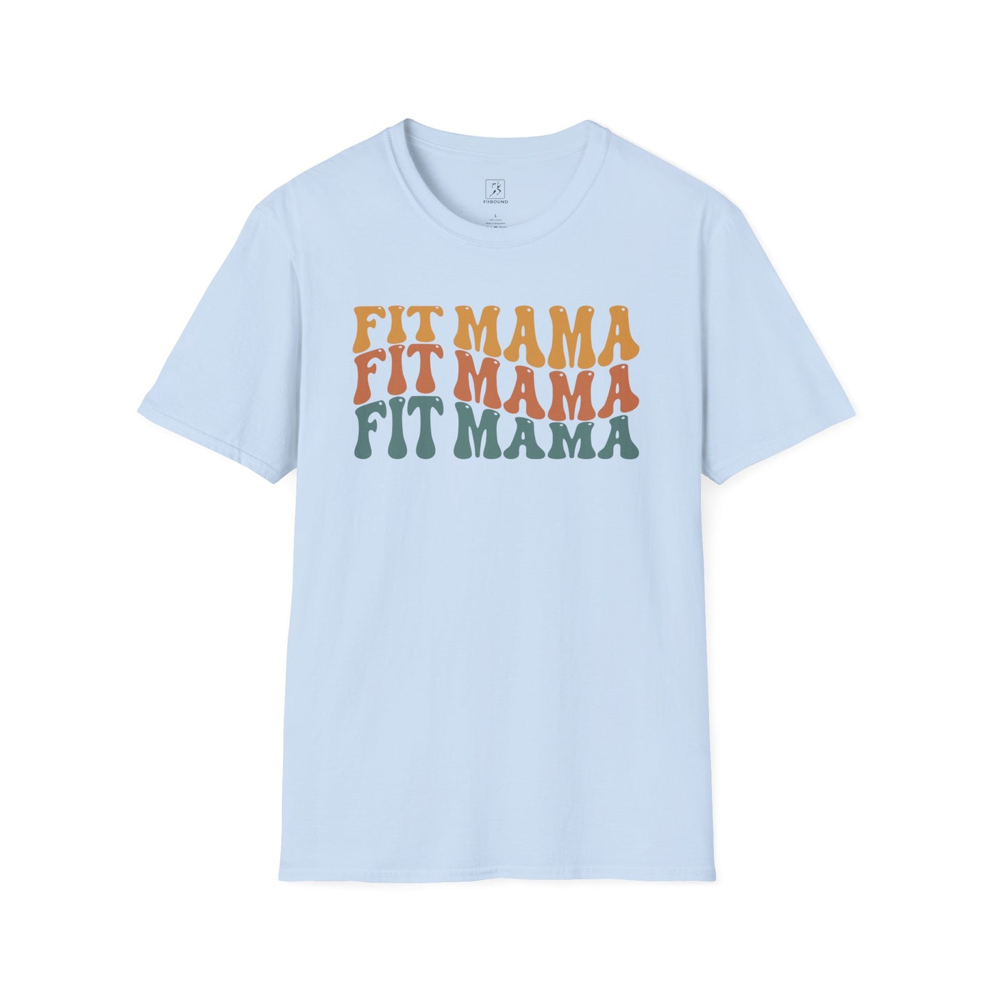 Flat lay of light blue Fit Mama t-shirt – motivational shirt for active moms.