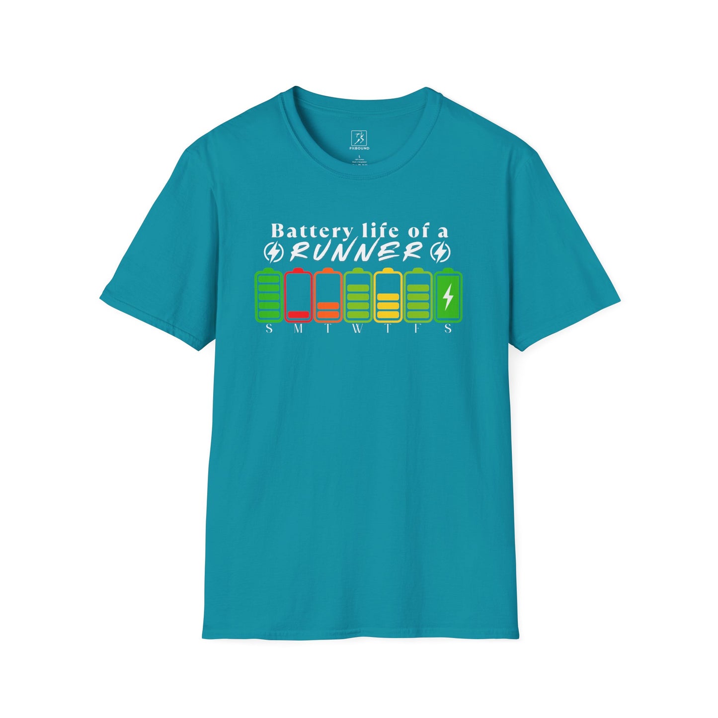 Turquoise t-shirt with weekday battery life design – ideal for marathon lovers and joggers