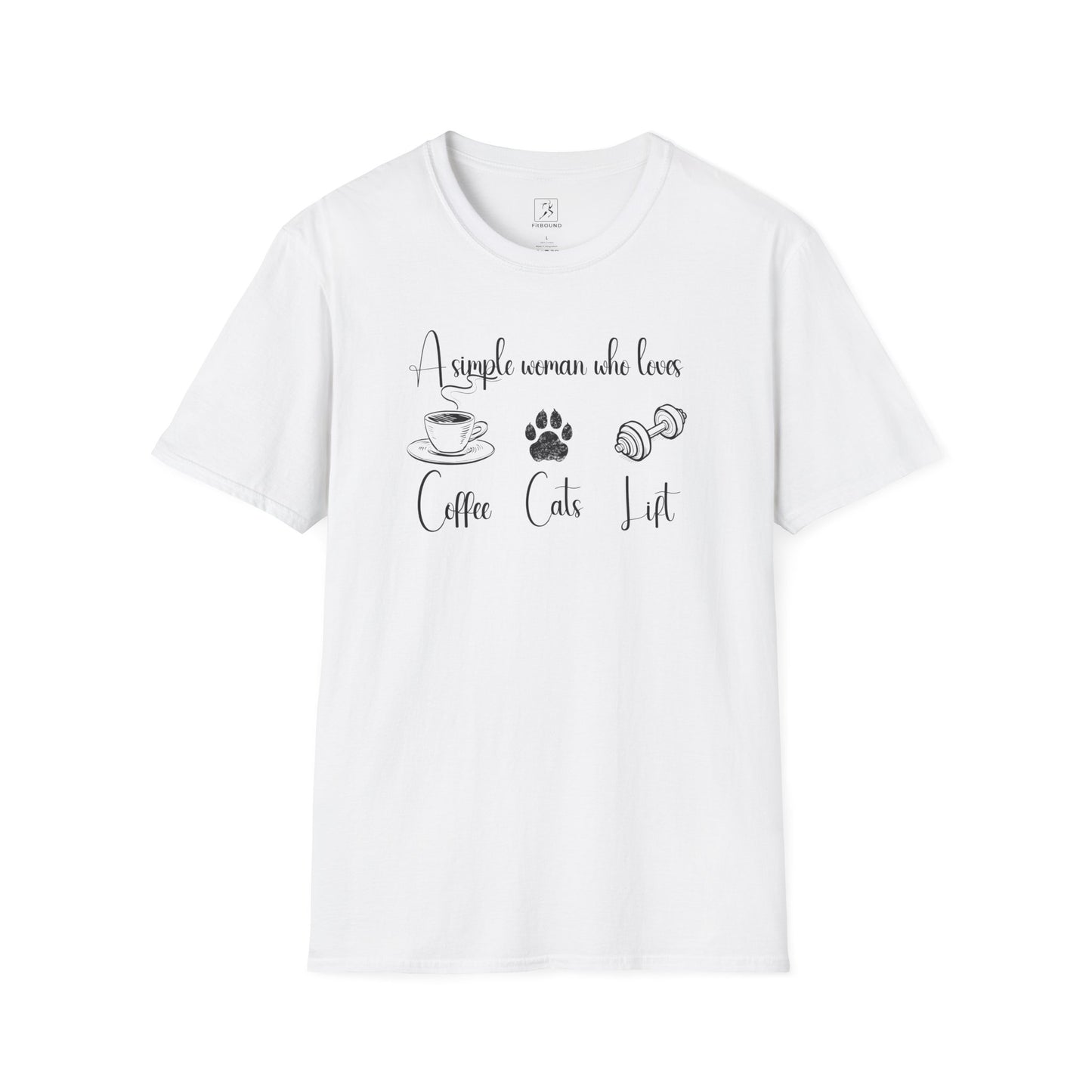 White unisex T-shirt with “A simple woman who loves coffee, cats, lift” printed – clean product shot for fitness and cat lovers