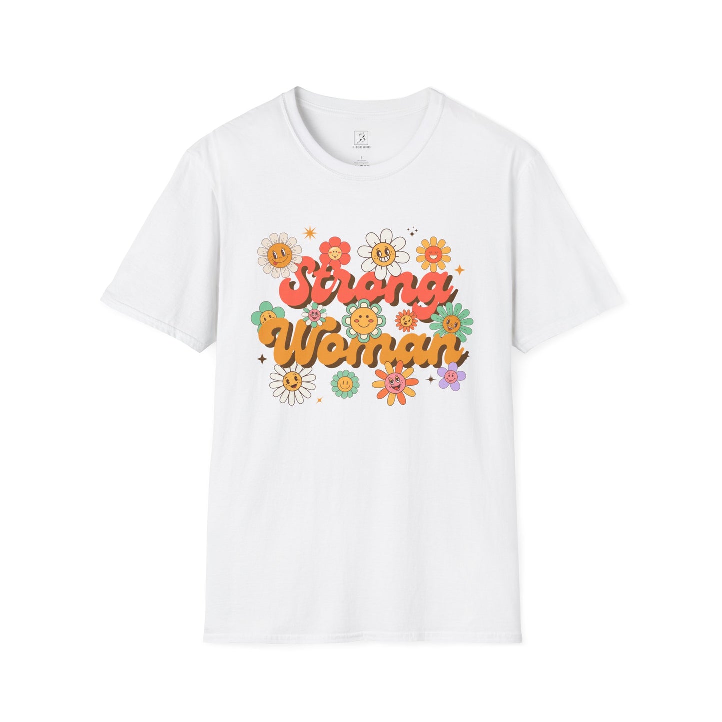 White Strong Woman T-shirt with retro flowers – inspirational women’s graphic tee