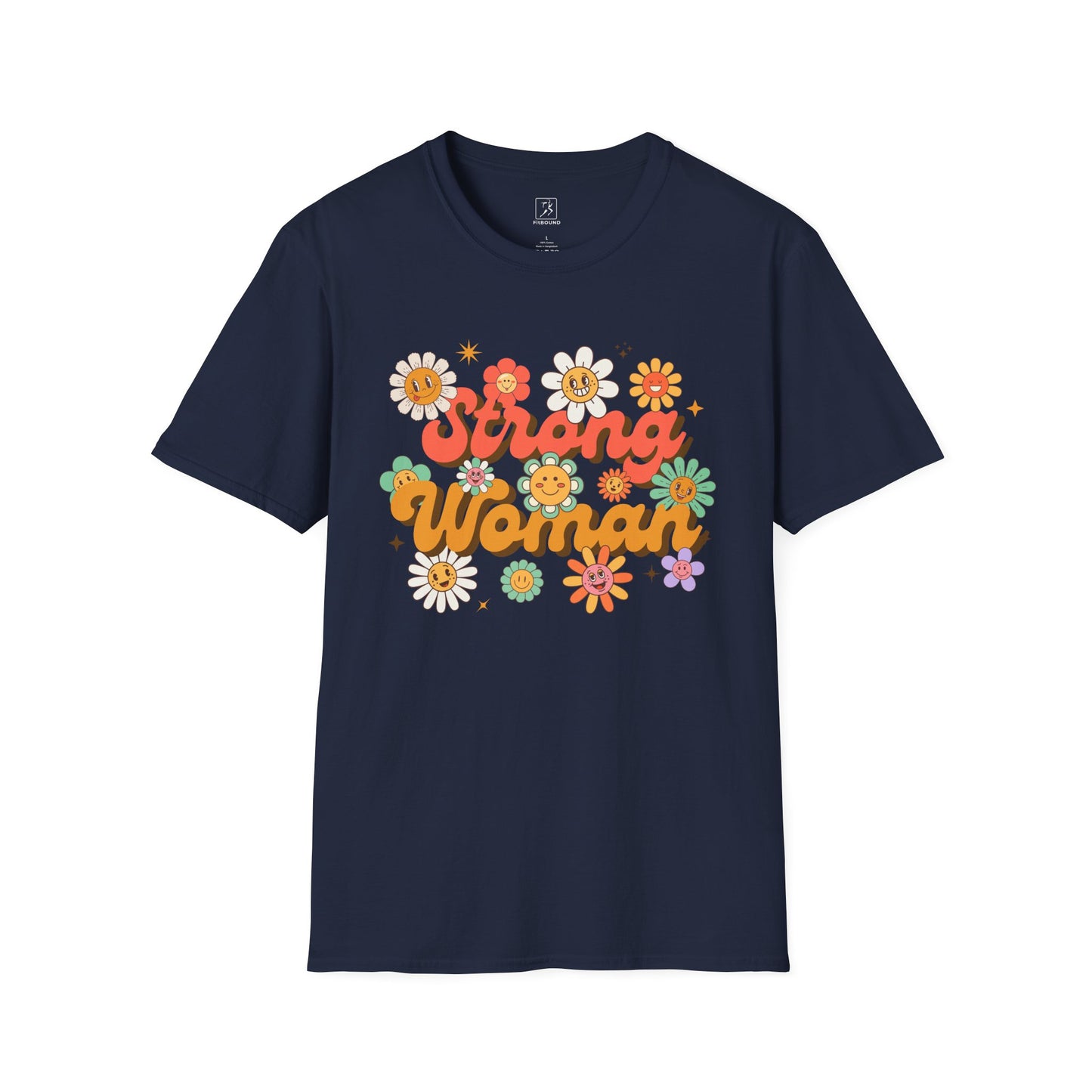 Navy Strong Woman T-shirt – retro floral empowerment shirt for confident women