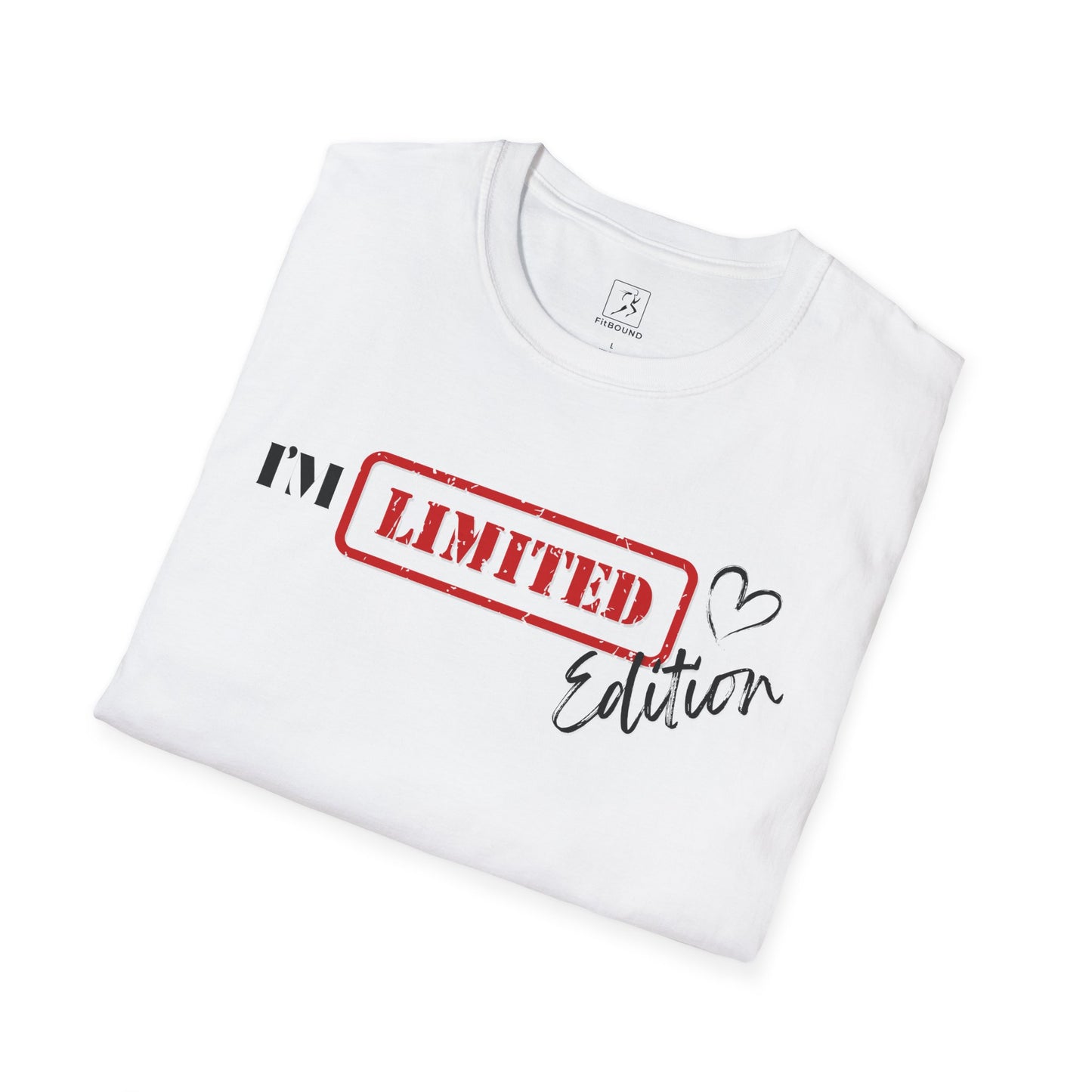 Flat lay of white “I’m Limited Edition” shirt with size chart – fun gym and lifestyle apparel