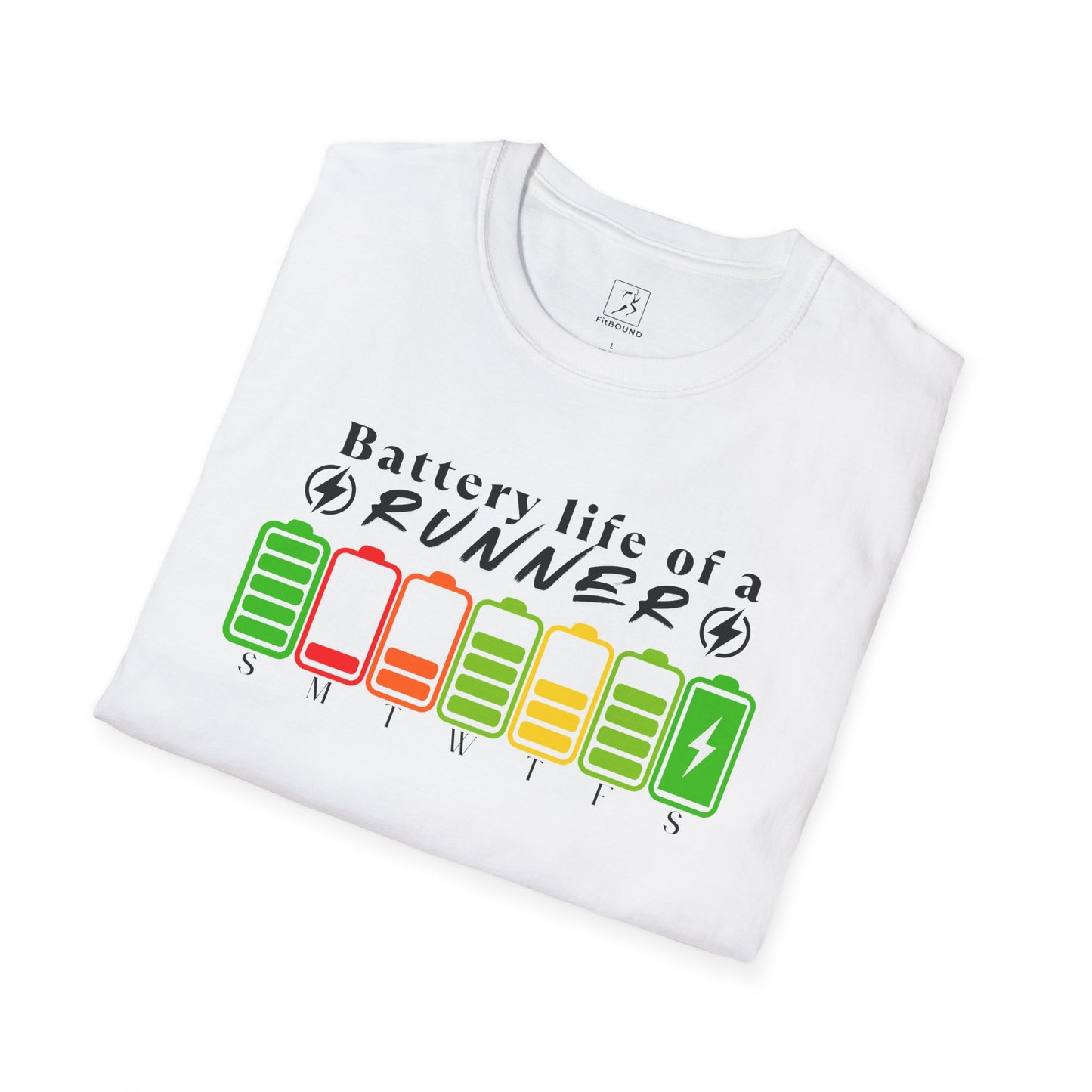 Runner-themed t-shirt with battery life print and sizing chart – unisex fit from S to 2XL