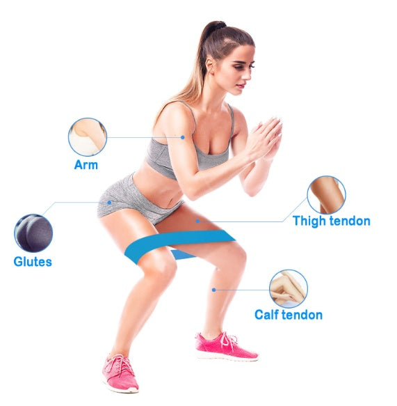 Woman performing squat with resistance band – full body workout using non-slip fabric loop