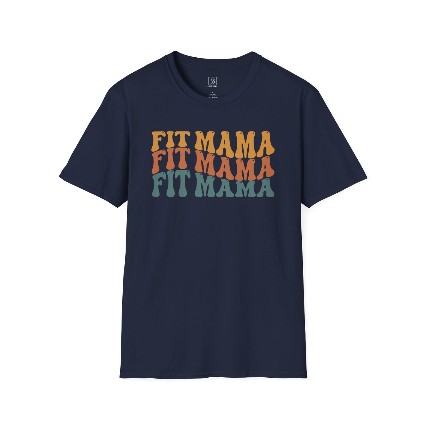 Flat lay of navy Fit Mama t-shirt with retro typography – workout tee for moms.