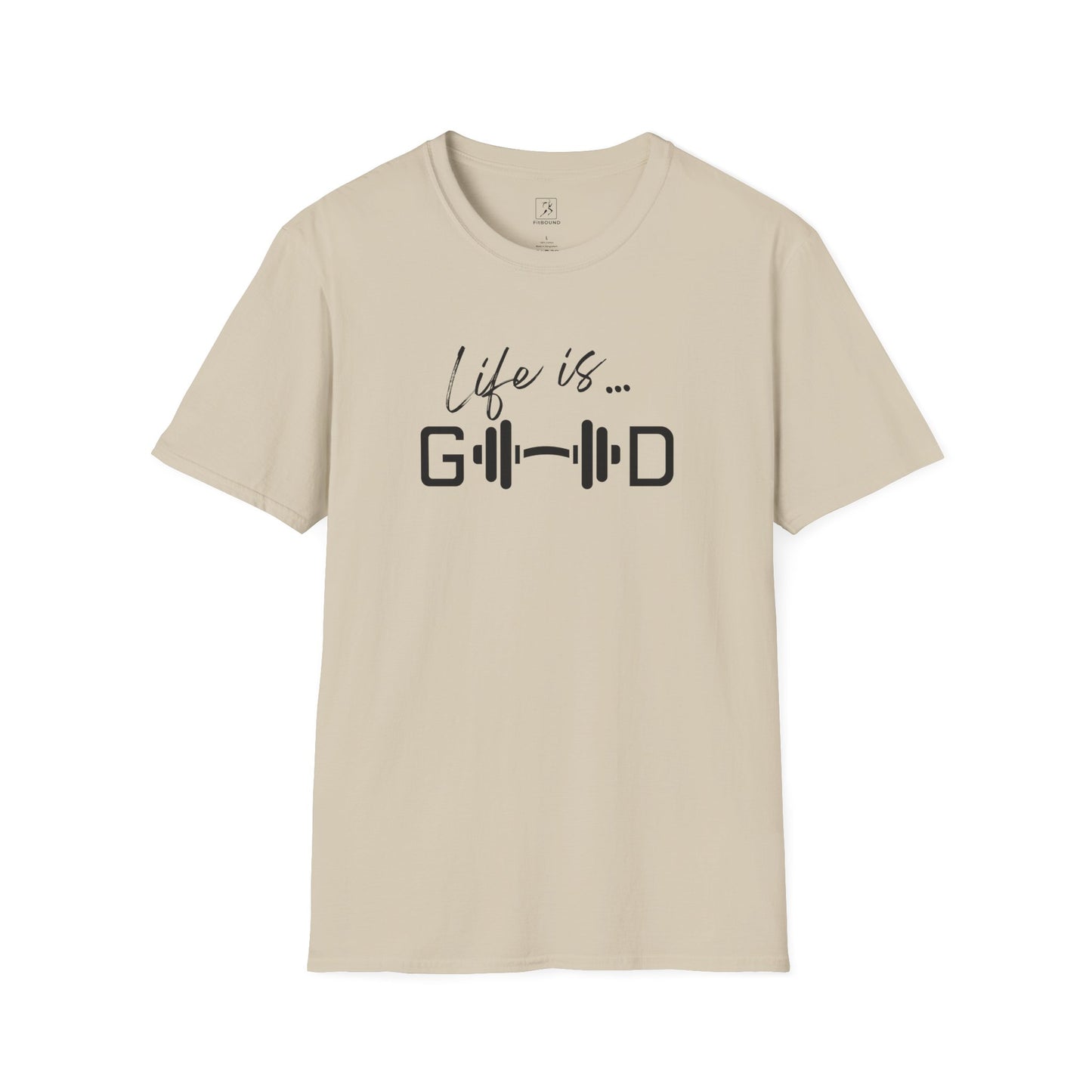 Beige workout t-shirt with “Life is Good” text and barbell graphic.