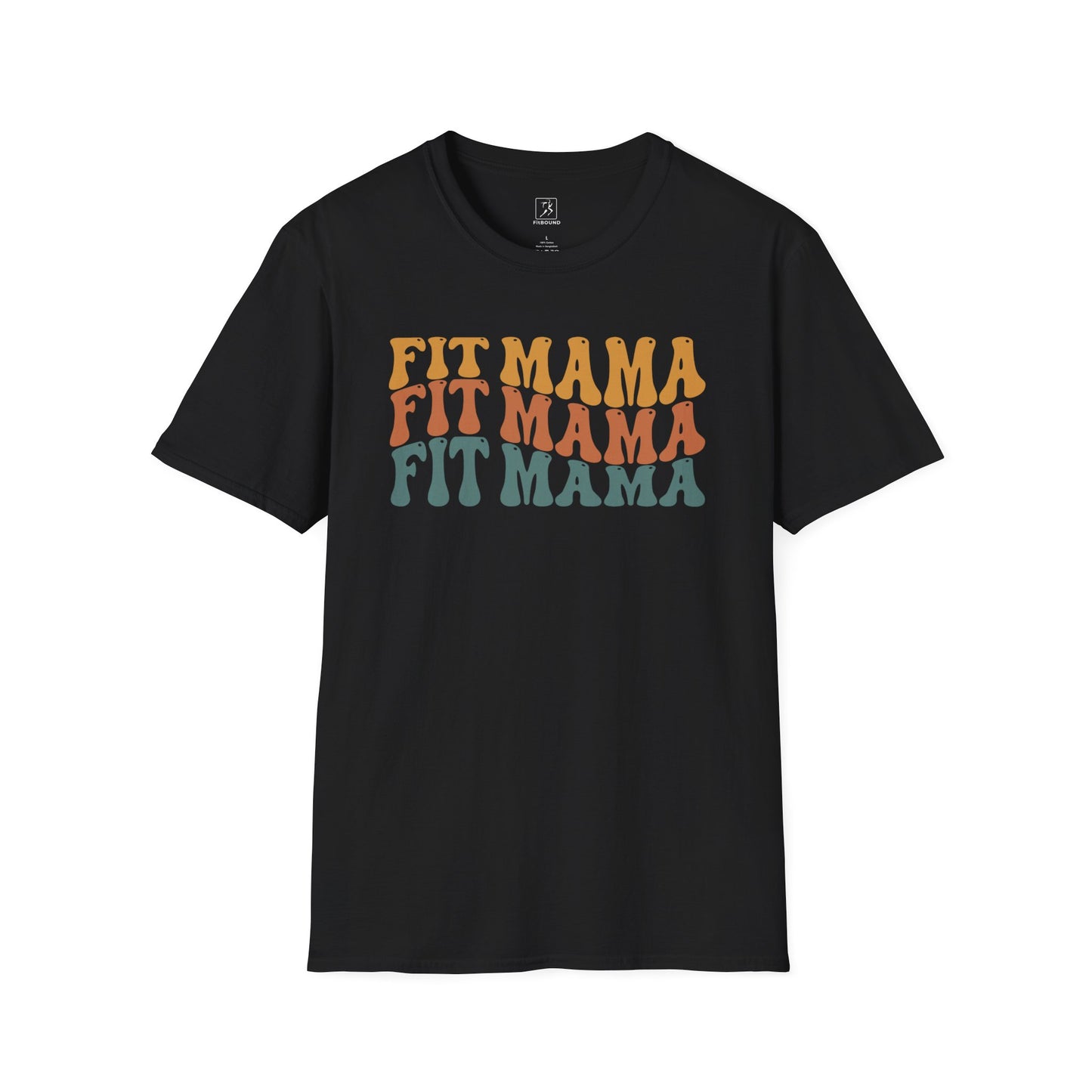 Flat lay of black Fit Mama retro t-shirt – strong mom fitness style.