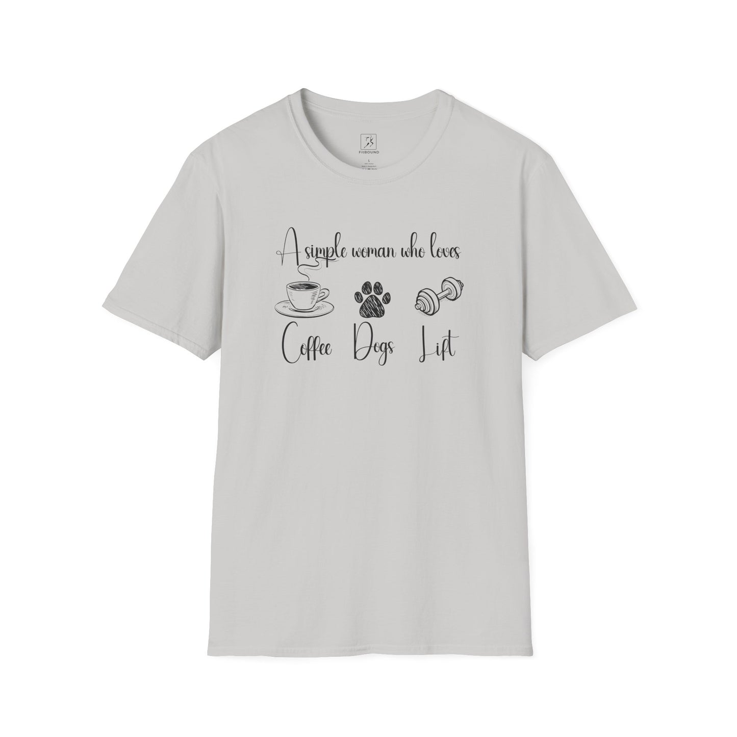 Light gray gym t-shirt with coffee, dog, and lifting theme – unisex fit, perfect for active dog moms