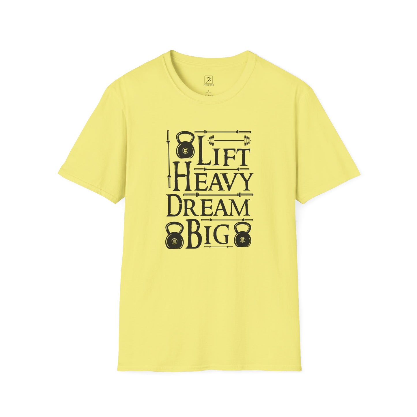 Flat lay yellow Lift Heavy Dream Big kettlebell gym shirt.