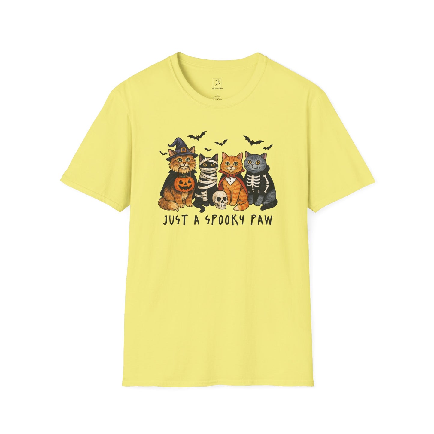 Yellow Just a Spooky Paw cat Halloween graphic tee