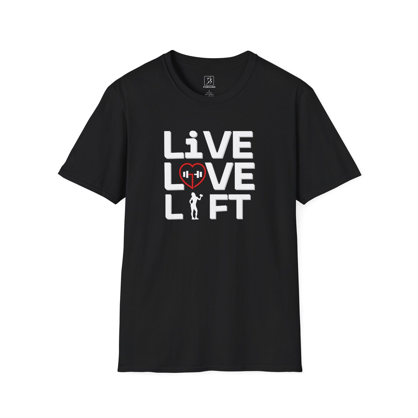 Black workout shirt with bold "Live Love Lift" design – unisex cotton blend tee for gym lovers