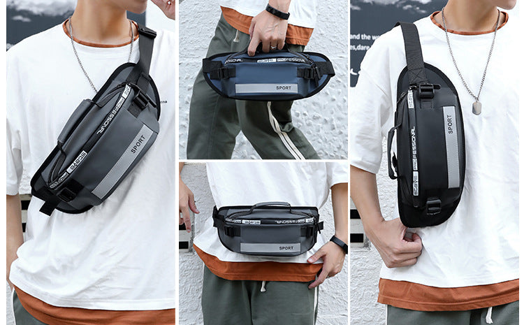 Man wearing reflective running waist bag crossbody – waterproof fanny pack ideal for jogging and travel
