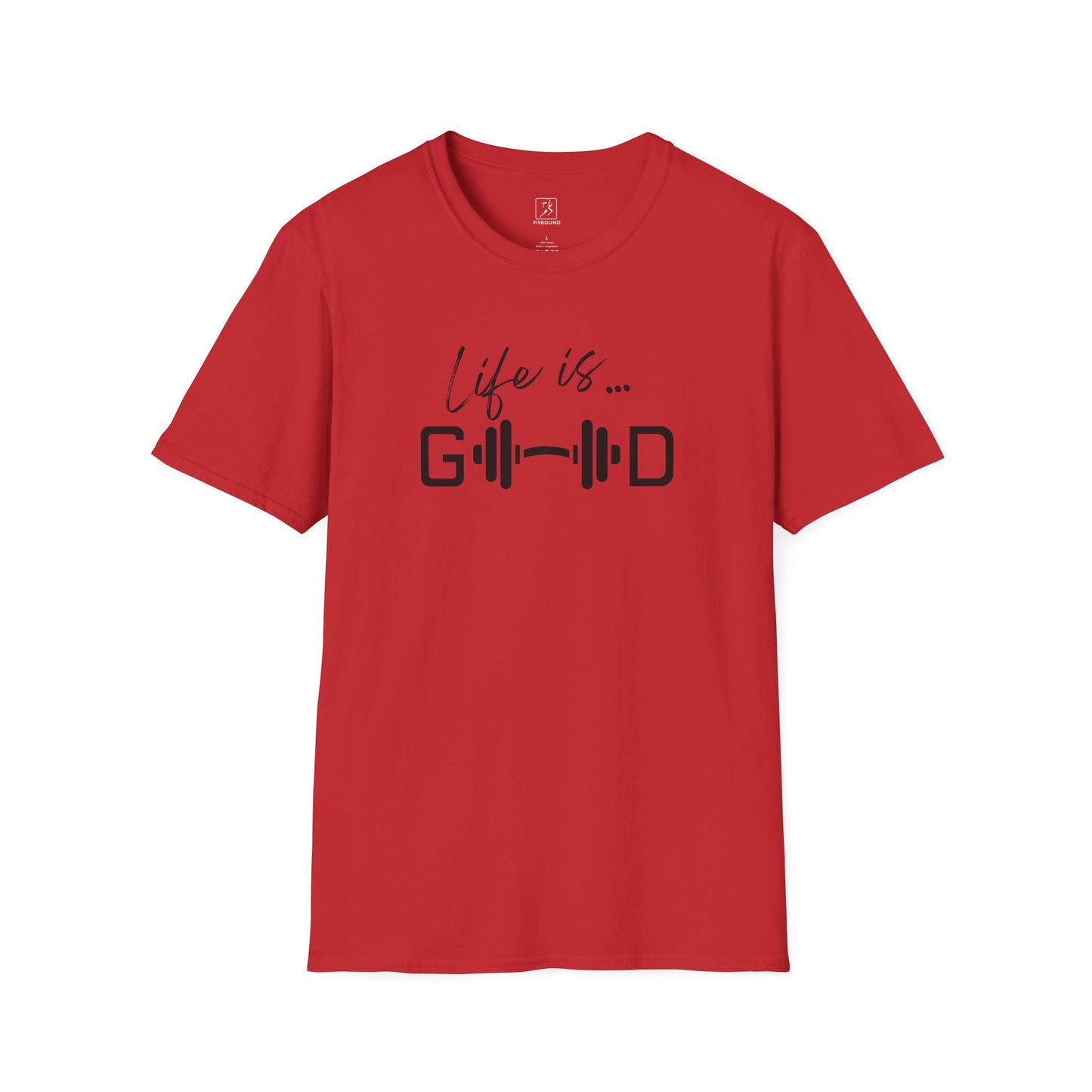 Red motivational gym t-shirt with barbell design and phrase “Life is Good.”