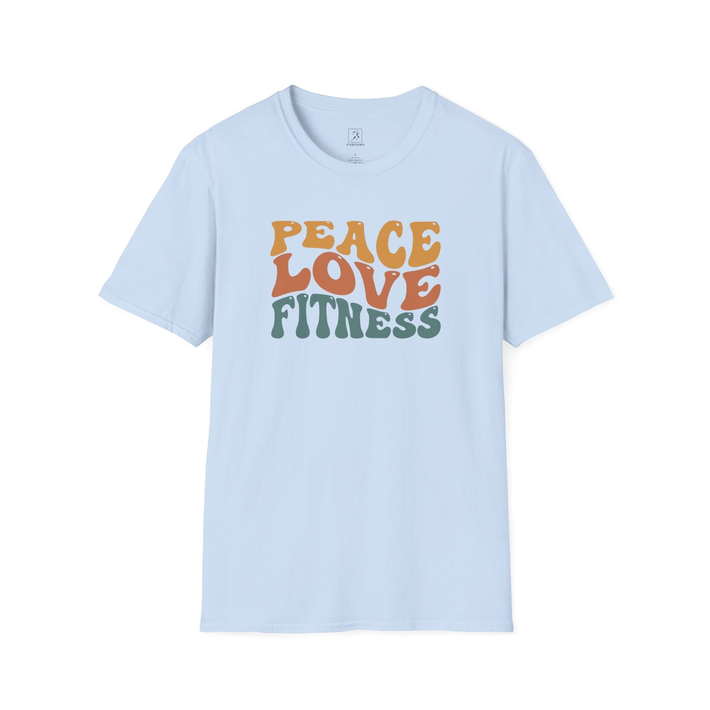 Light blue Peace Love Fitness T-Shirt – retro design for gym and lifestyle.