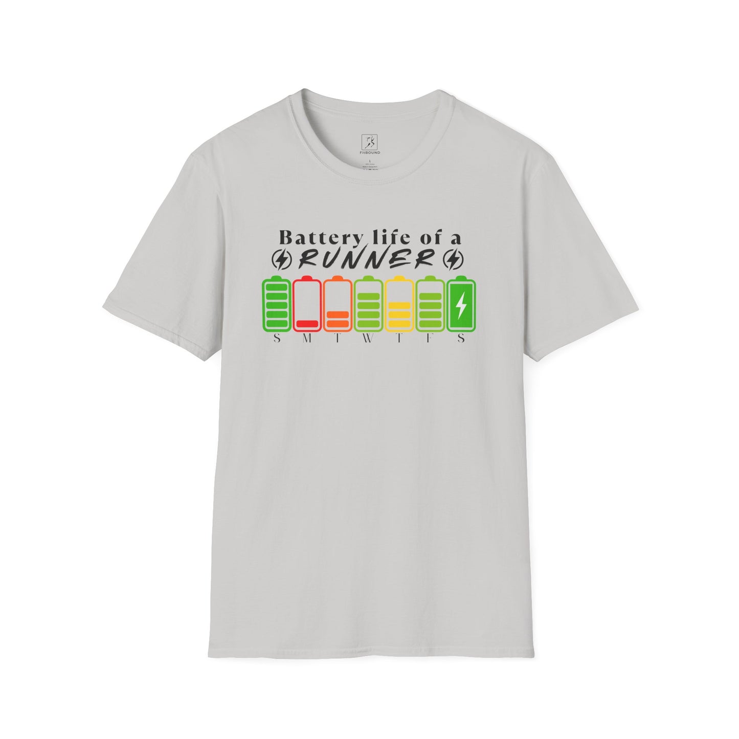 Light grey t-shirt featuring "Battery Life of a Runner" and battery icons – unisex fit