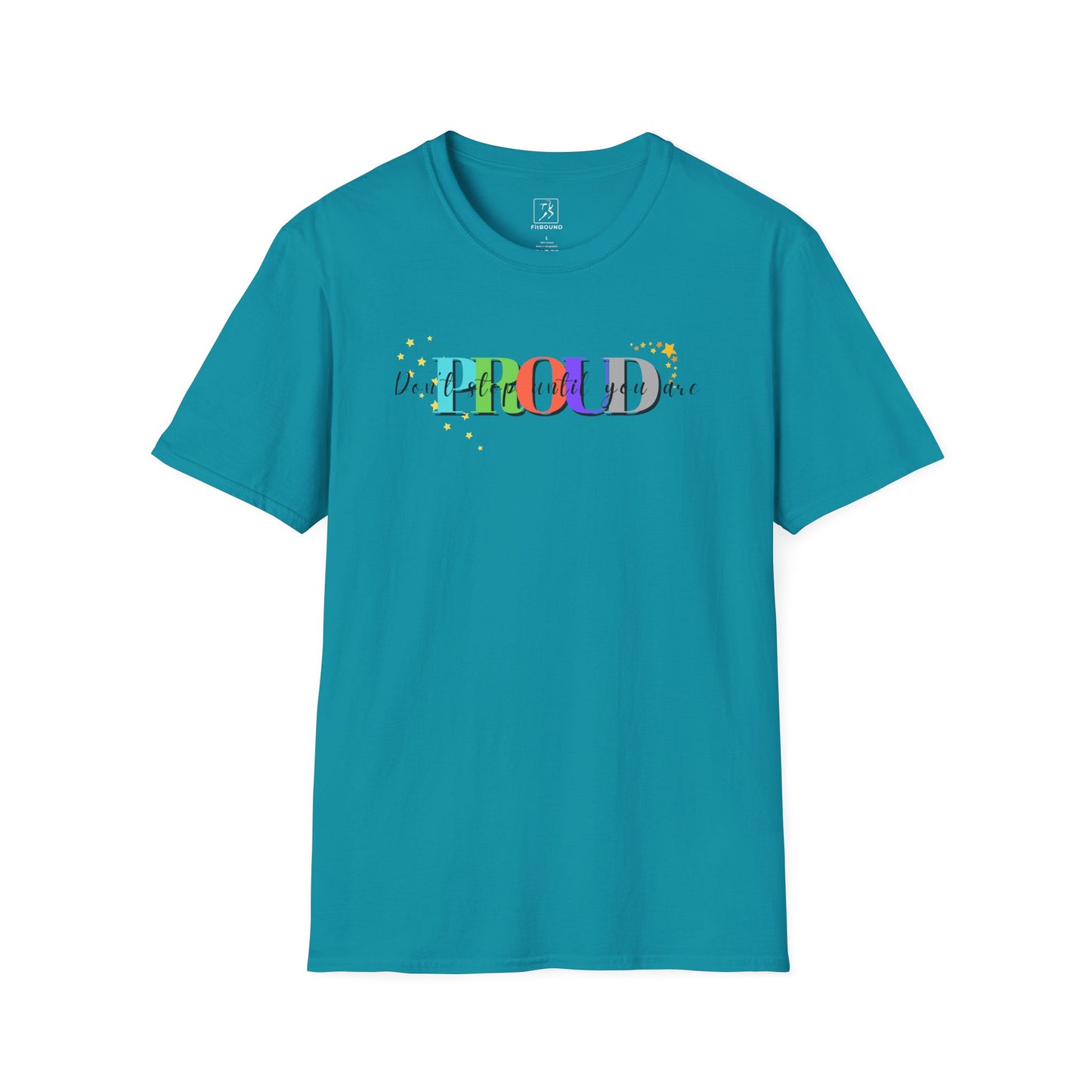 Turquoise motivational workout shirt with "Train Until You're Proud" print – unisex activewear for daily use