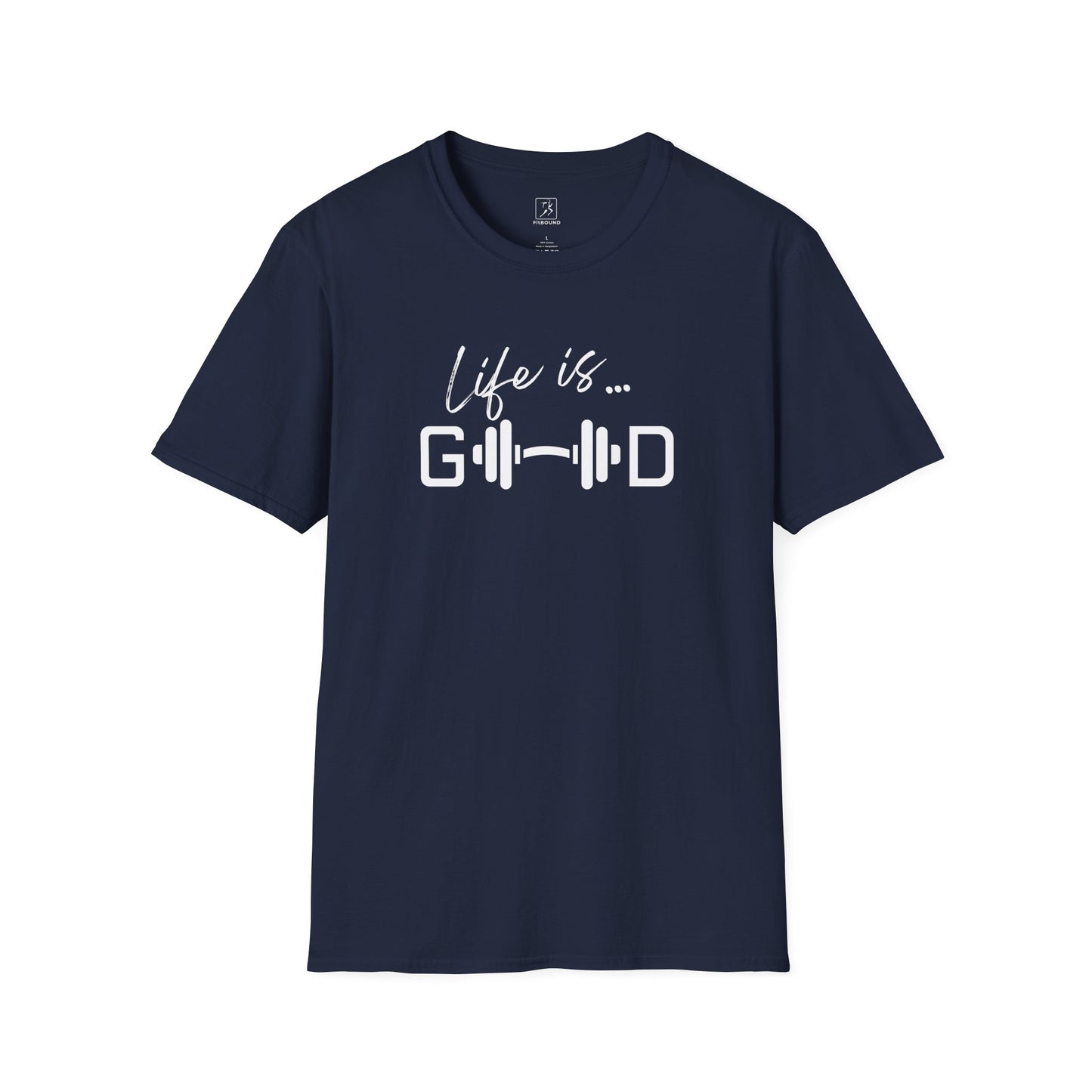 Navy blue workout t-shirt with barbell “Life is Good” design.