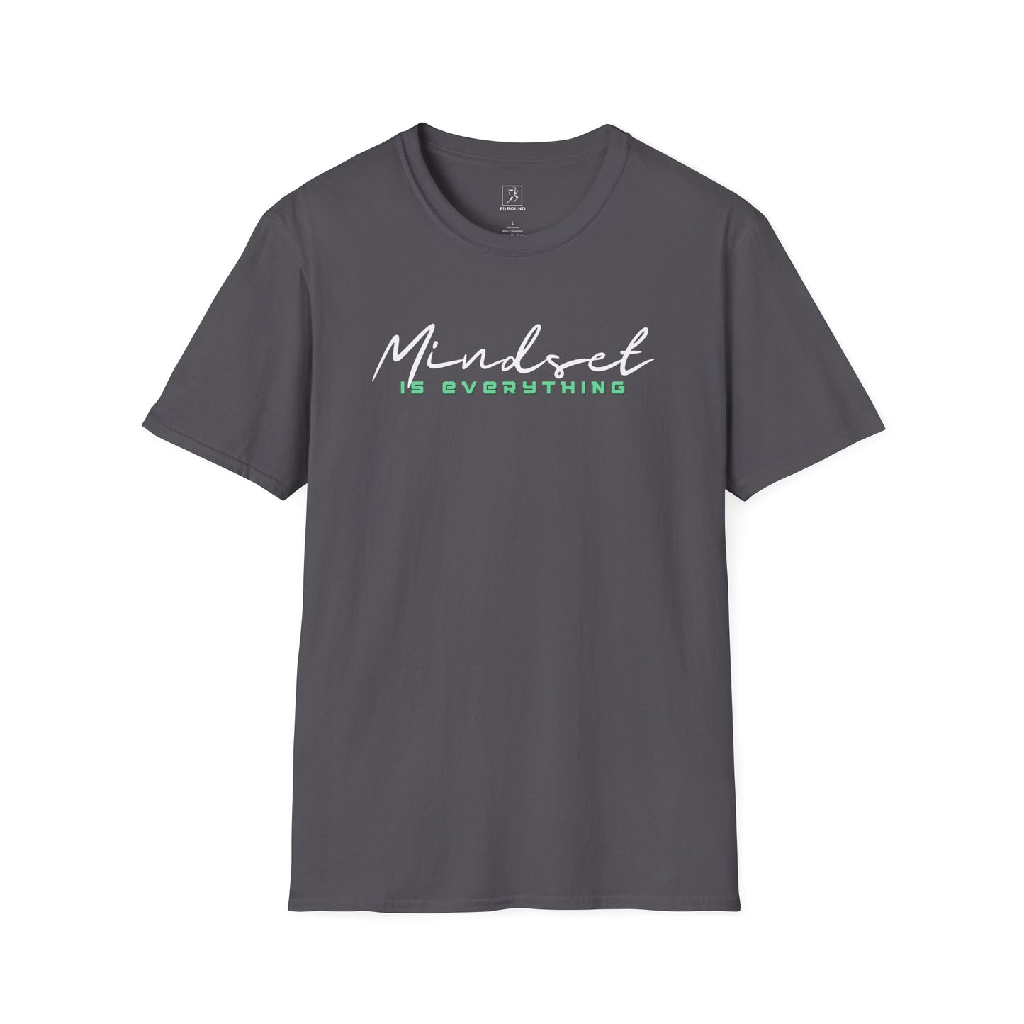 Flat lay dark gray Mindset Is Everything T-Shirt – motivational workout tee.