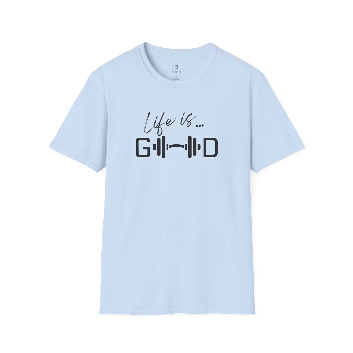 Light blue workout t-shirt with “Life is Good” motivational design.