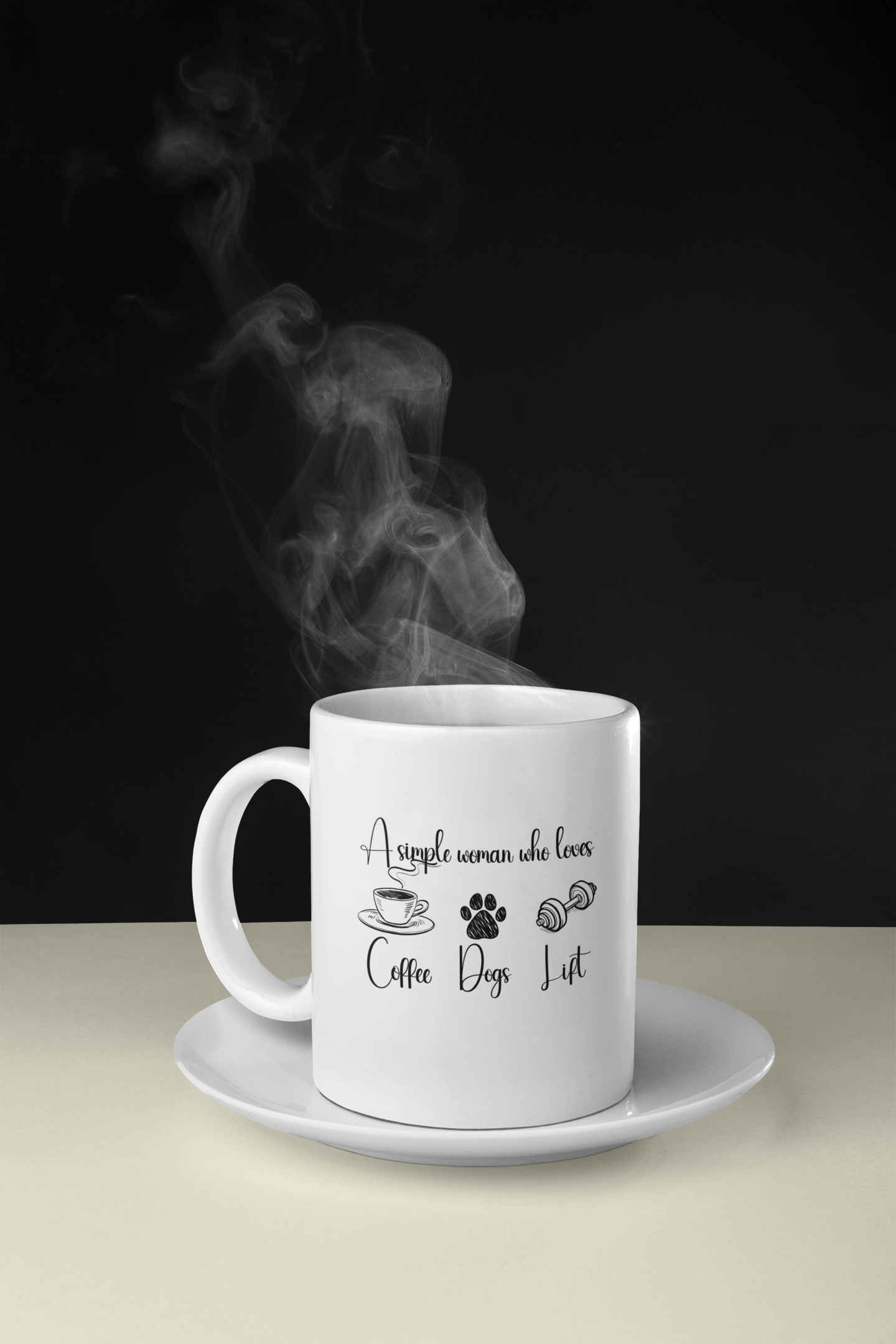 Steam rising from coffee in a white ceramic mug with fitness and dog mom quote – 11oz mug gift idea